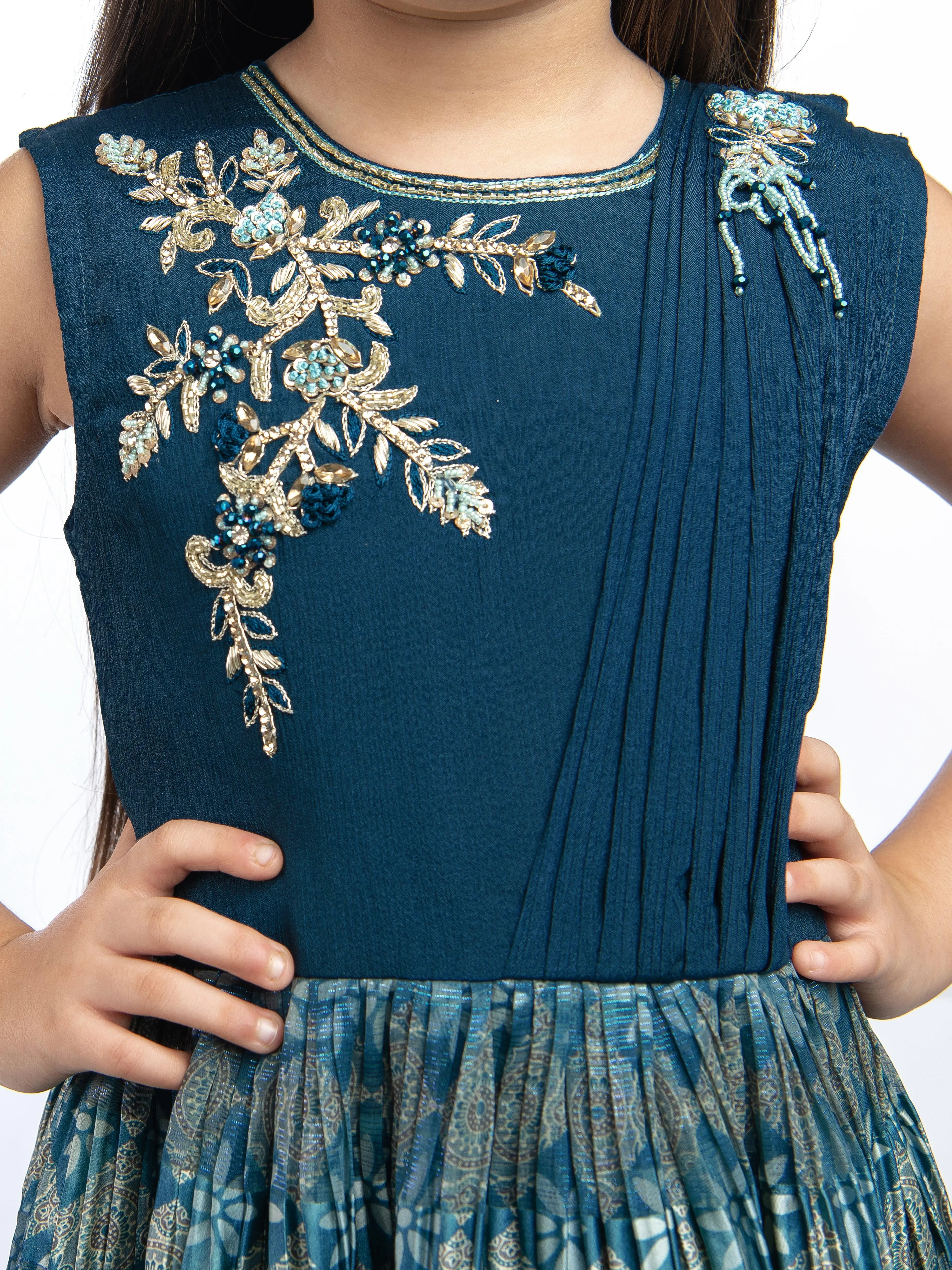Peacock Blue Coloured Pleated Fabric Saree Style Gown For Girls