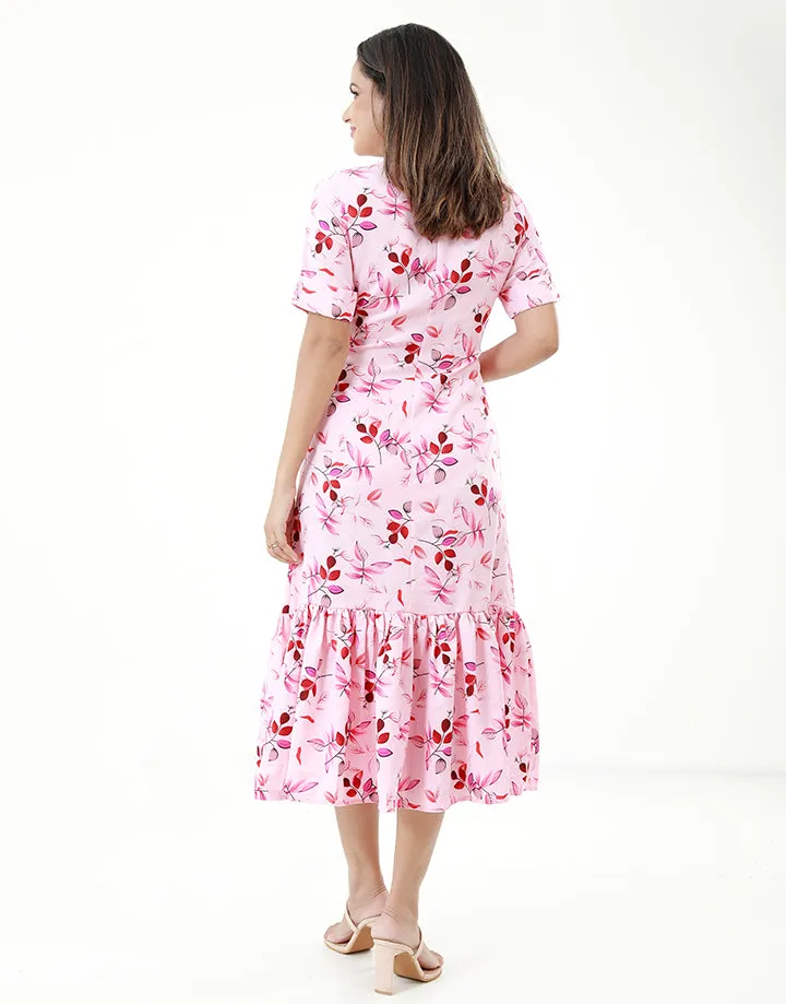 Printed Short Sleeves Dress with Collar