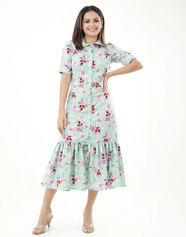 Printed Short Sleeves Dress with Collar