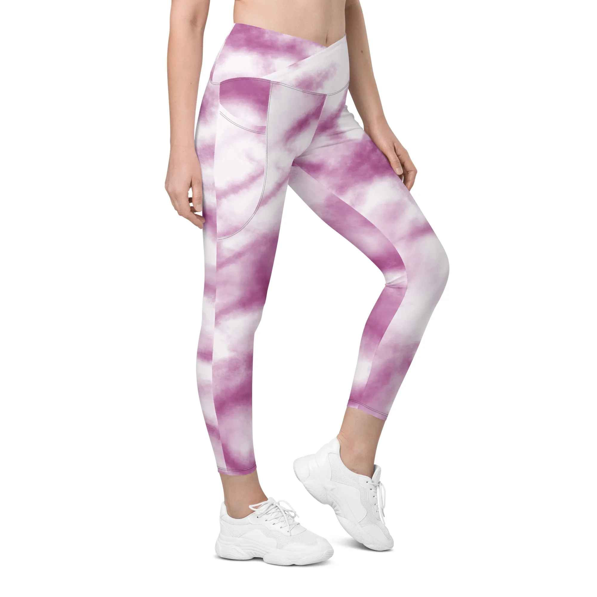 Purple Tie Dye Women's Tights, Best Pink Purple Tie Dye Print Women's Crossover Leggings With Pockets For Ladies - Made in USA/EU/MX