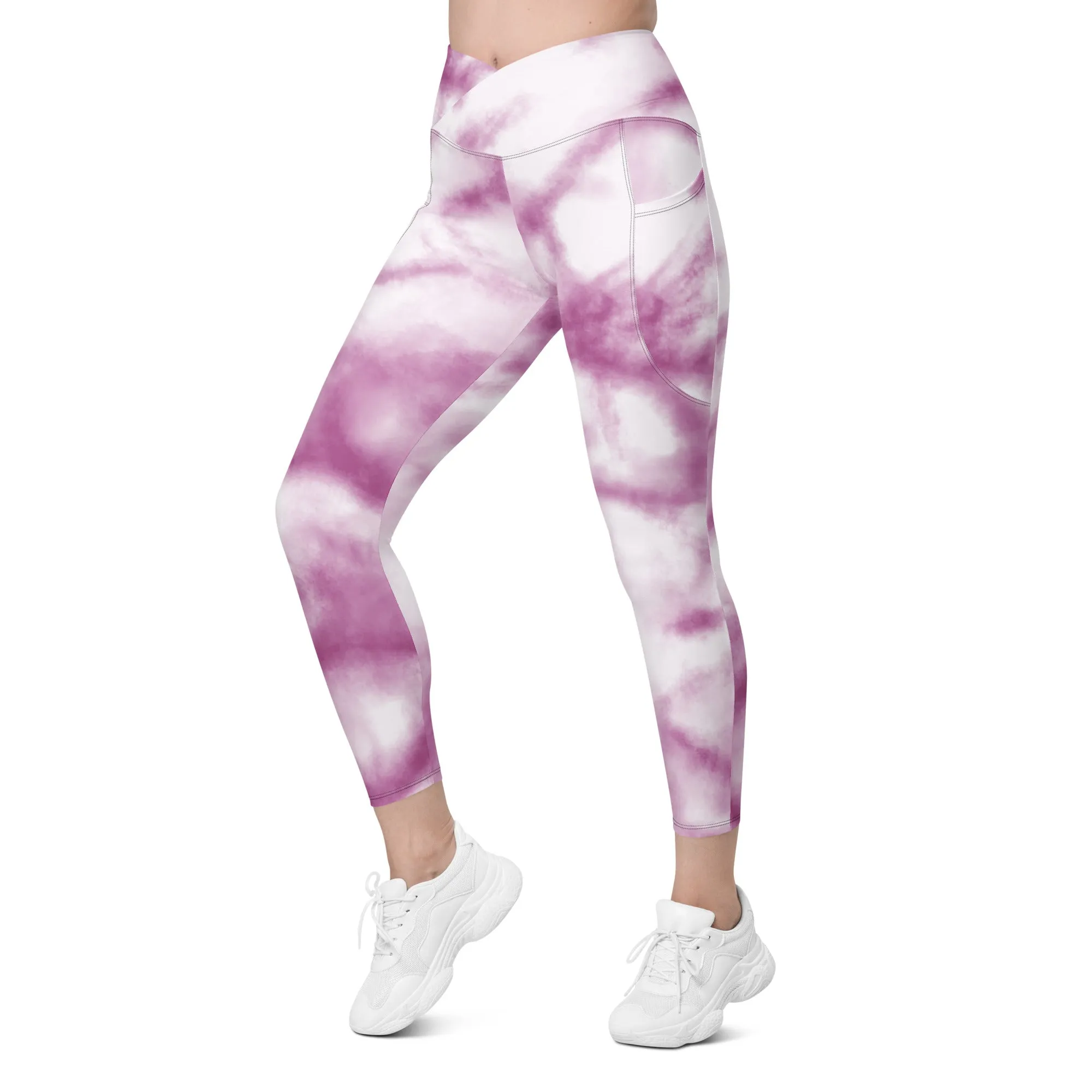 Purple Tie Dye Women's Tights, Best Pink Purple Tie Dye Print Women's Crossover Leggings With Pockets For Ladies - Made in USA/EU/MX