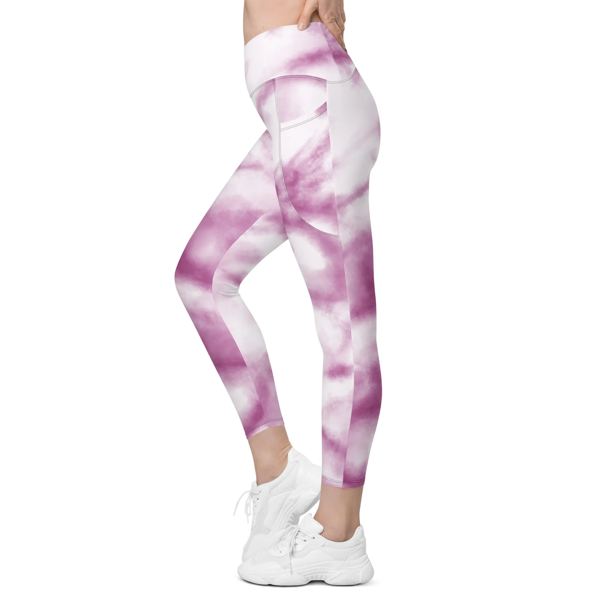 Purple Tie Dye Women's Tights, Best Pink Purple Tie Dye Print Women's Crossover Leggings With Pockets For Ladies - Made in USA/EU/MX