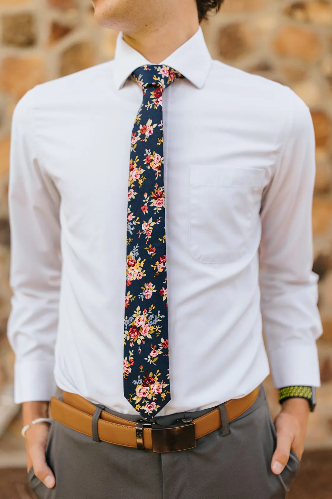 R&B Navy Tie w/ Pink & Yellow Flowers