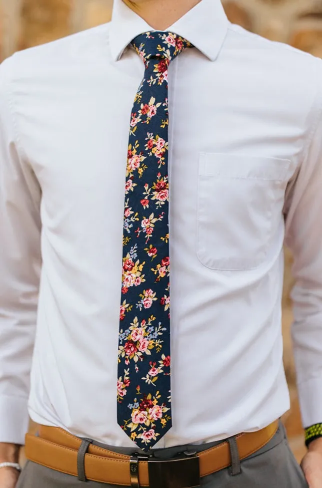 R&B Navy Tie w/ Pink & Yellow Flowers