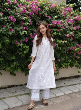 Ria Malhotra in Hand Embroidery Chikankari Long Kurti for Women In Chanderi Silk  White-6