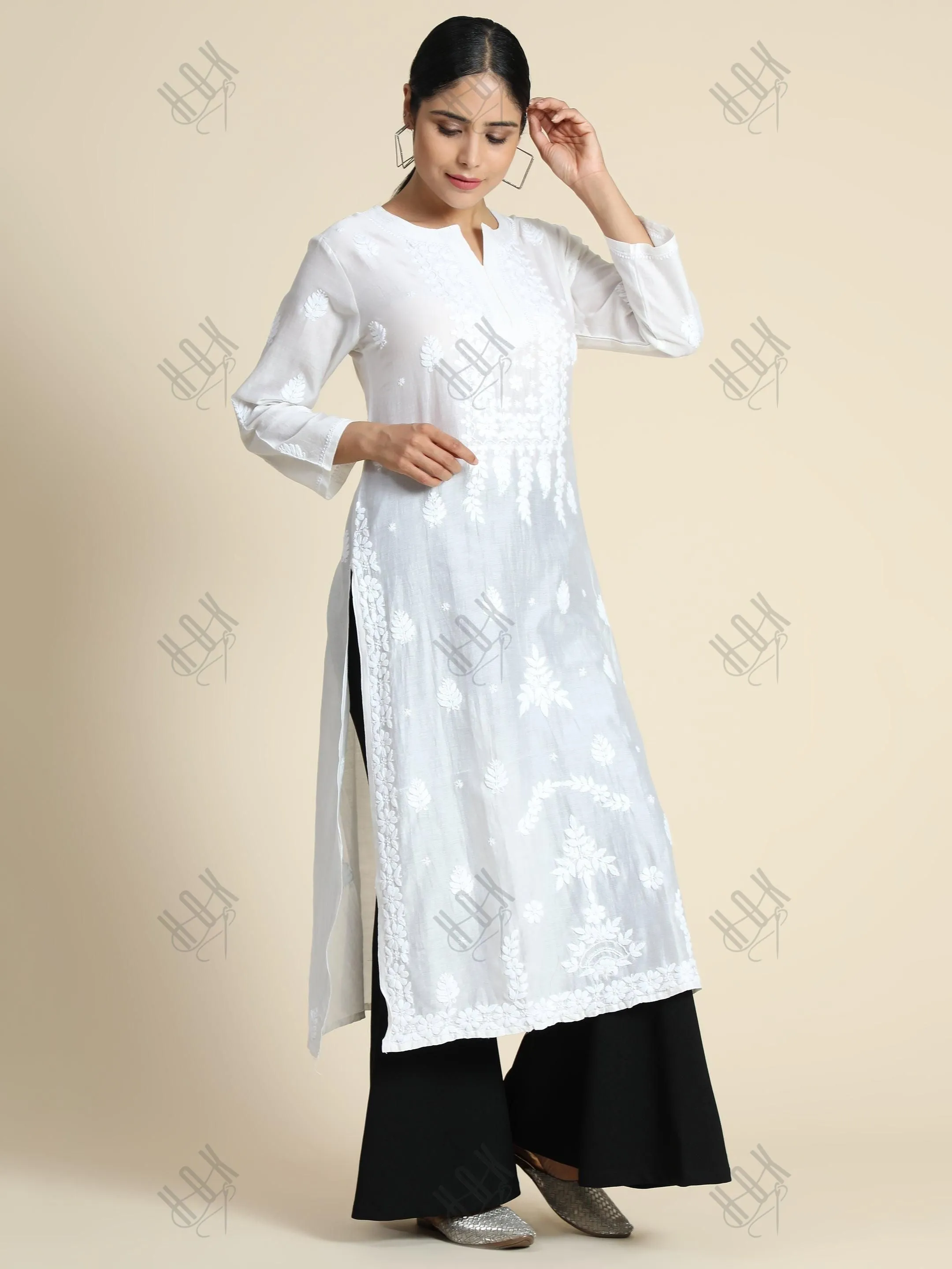 Ria Malhotra in Hand Embroidery Chikankari Long Kurti for Women In Chanderi Silk  White-6