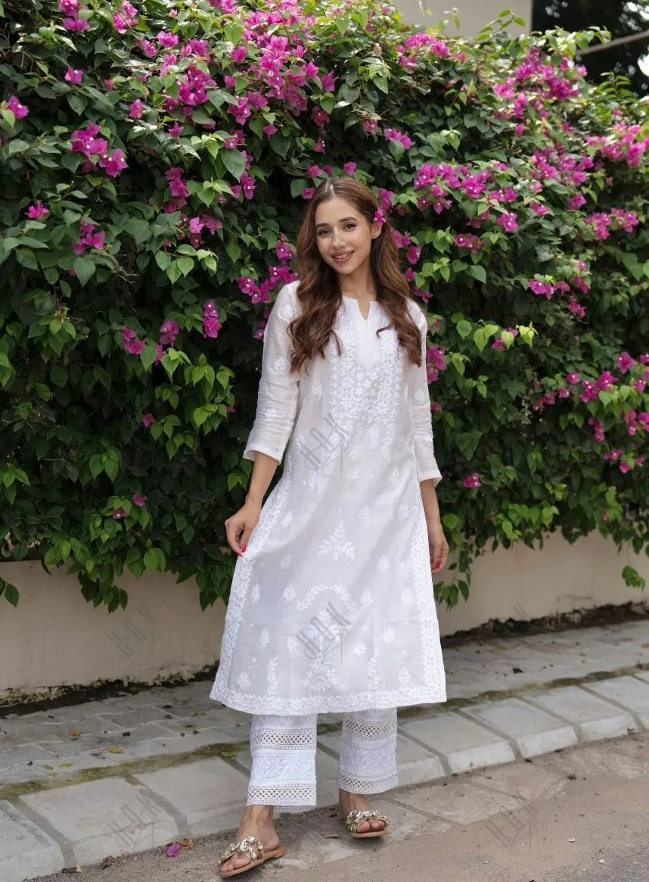 Ria Malhotra in Hand Embroidery Chikankari Long Kurti for Women In Chanderi Silk  White-6