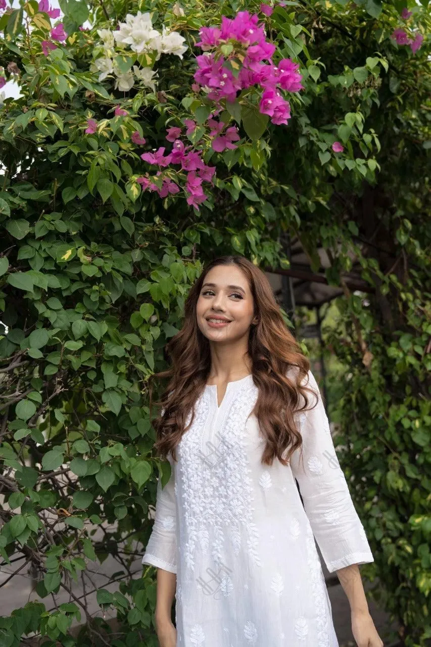 Ria Malhotra in Hand Embroidery Chikankari Long Kurti for Women In Chanderi Silk  White-6