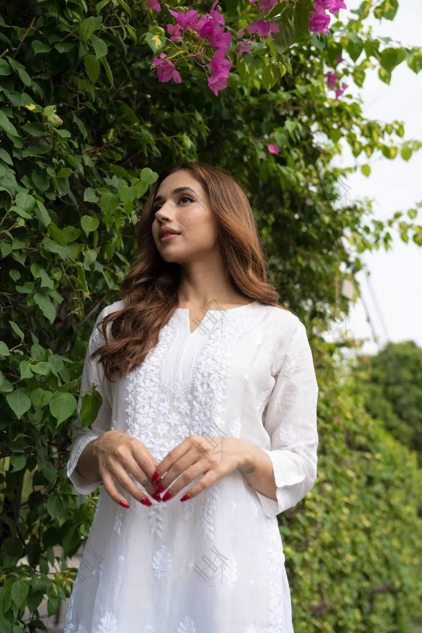 Ria Malhotra in Hand Embroidery Chikankari Long Kurti for Women In Chanderi Silk  White-6