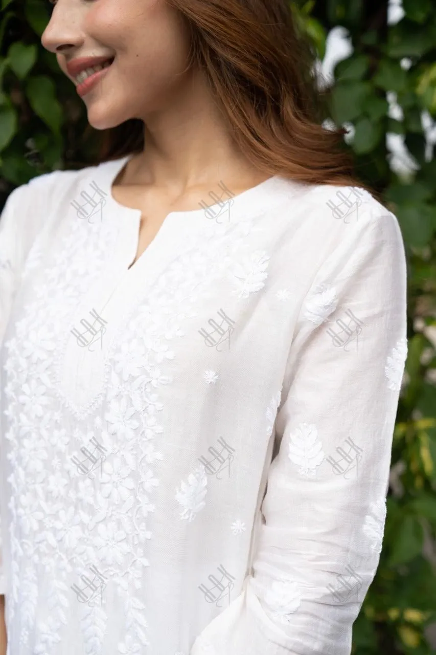 Ria Malhotra in Hand Embroidery Chikankari Long Kurti for Women In Chanderi Silk  White-6