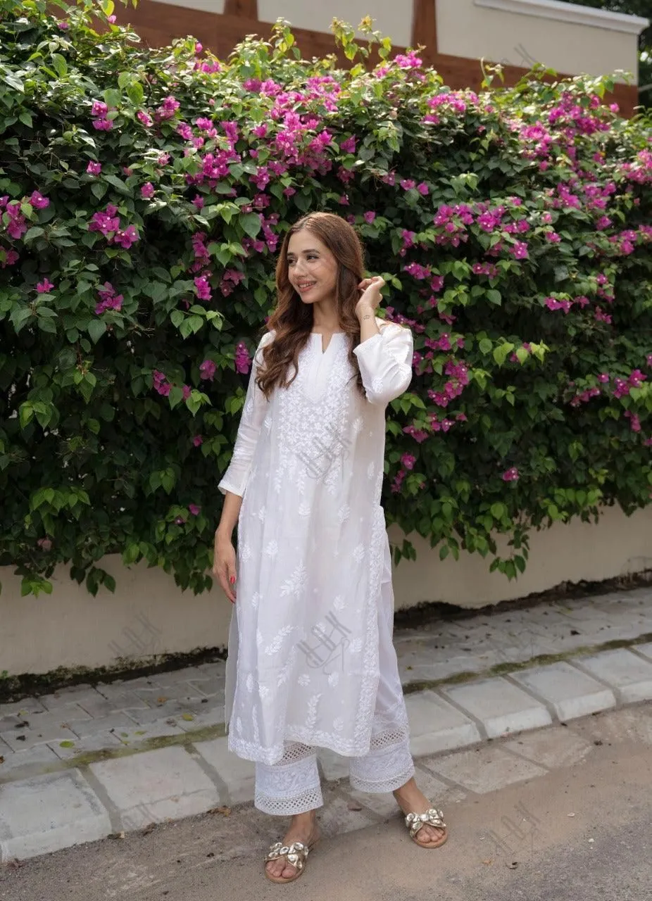Ria Malhotra in Hand Embroidery Chikankari Long Kurti for Women In Chanderi Silk  White-6