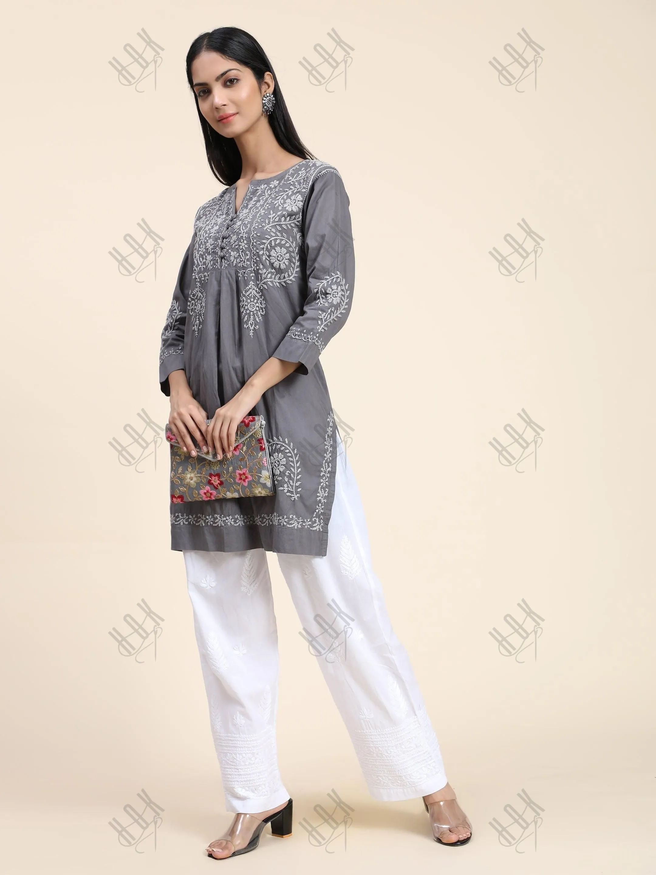 Rijuta in HOK Chikankari Short Tunic for Women -Grey