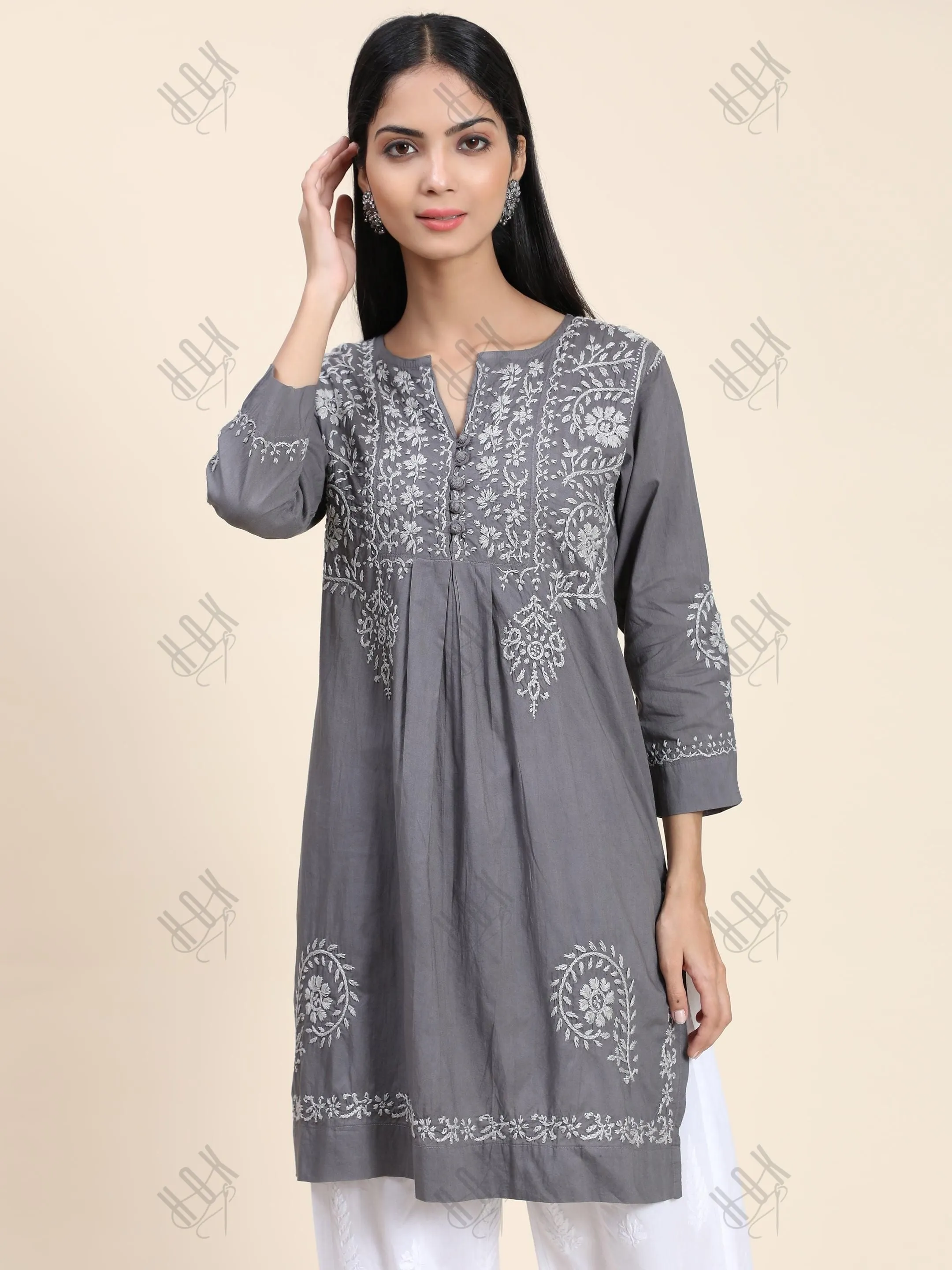 Rijuta in HOK Chikankari Short Tunic for Women -Grey