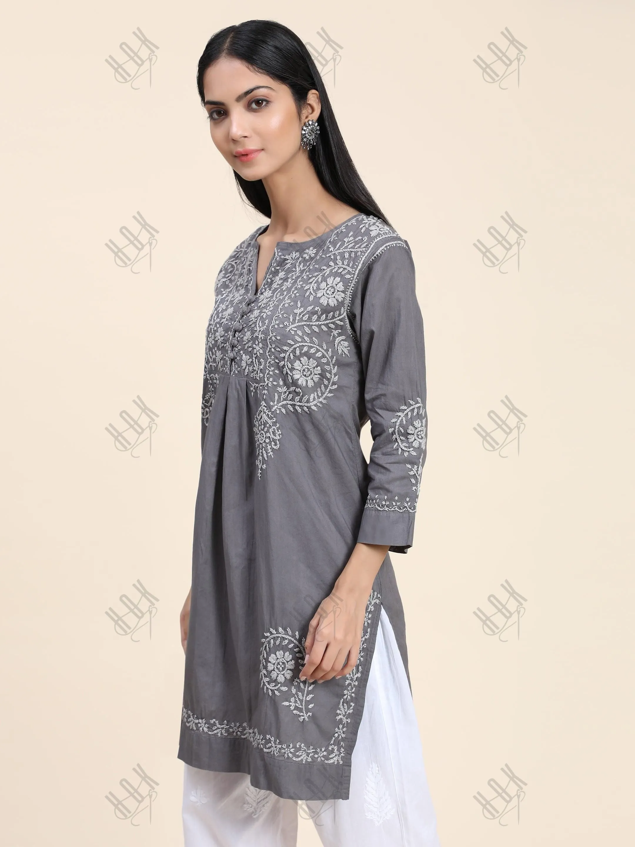 Rijuta in HOK Chikankari Short Tunic for Women -Grey