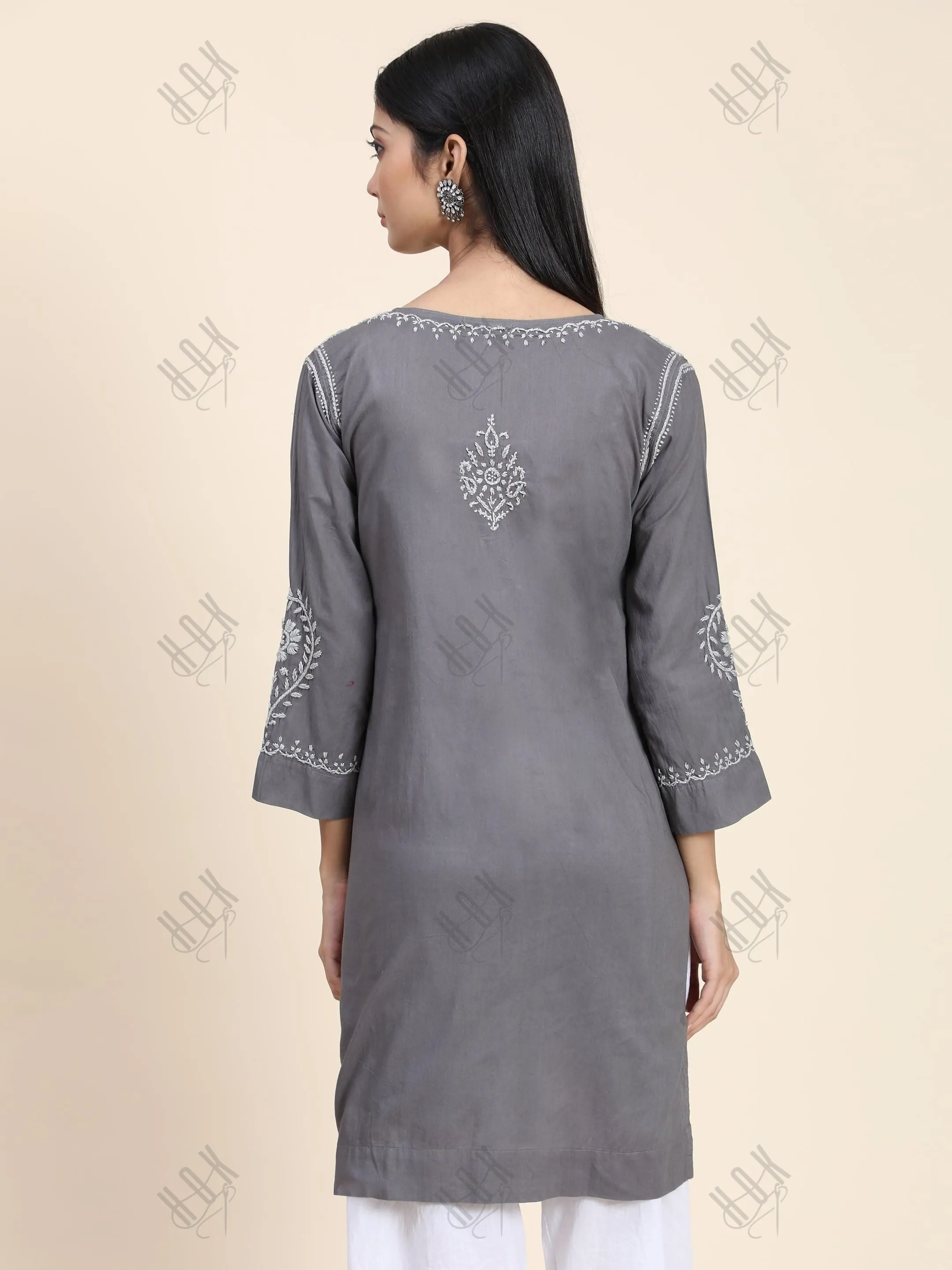 Rijuta in HOK Chikankari Short Tunic for Women -Grey