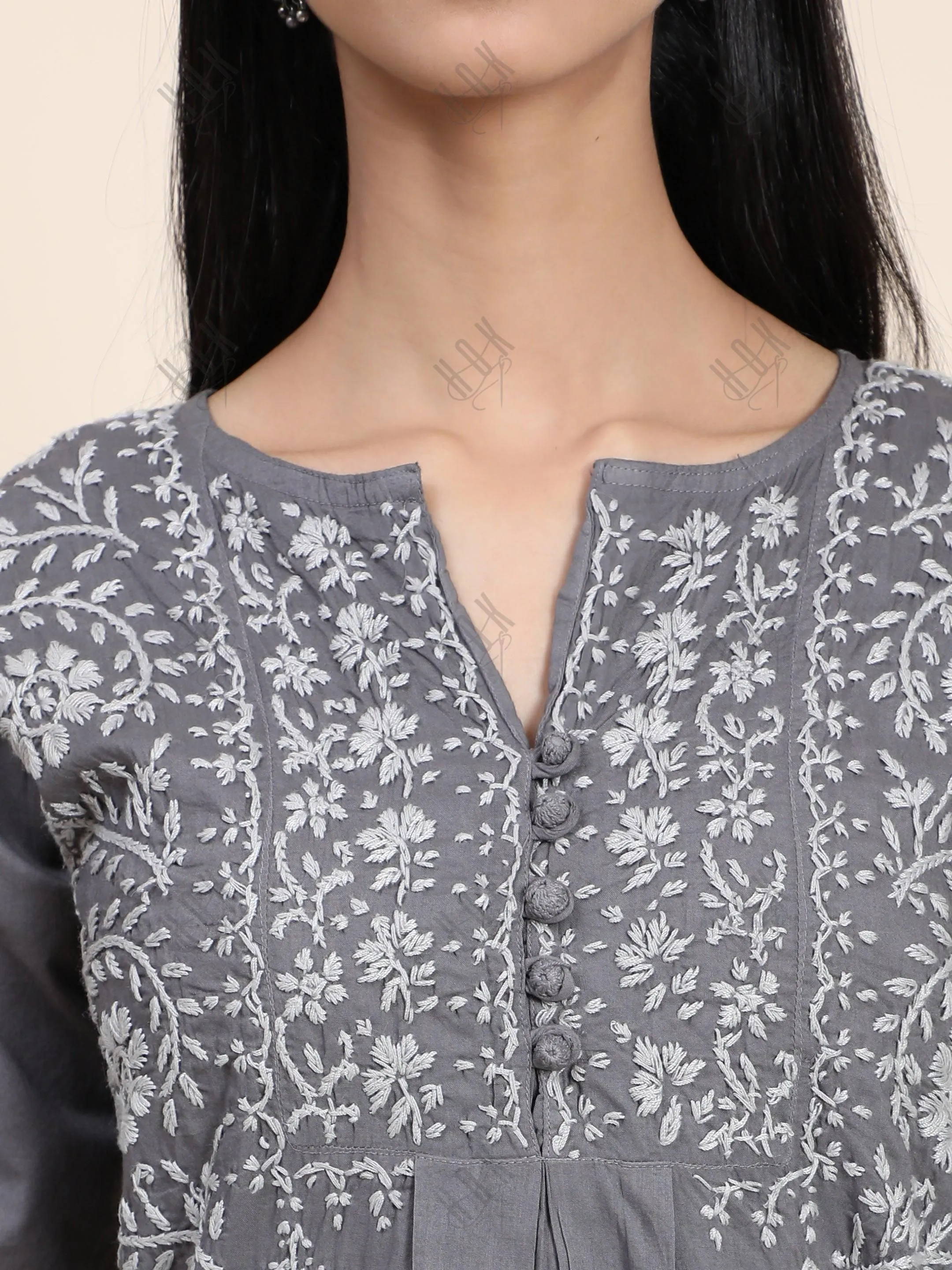 Rijuta in HOK Chikankari Short Tunic for Women -Grey