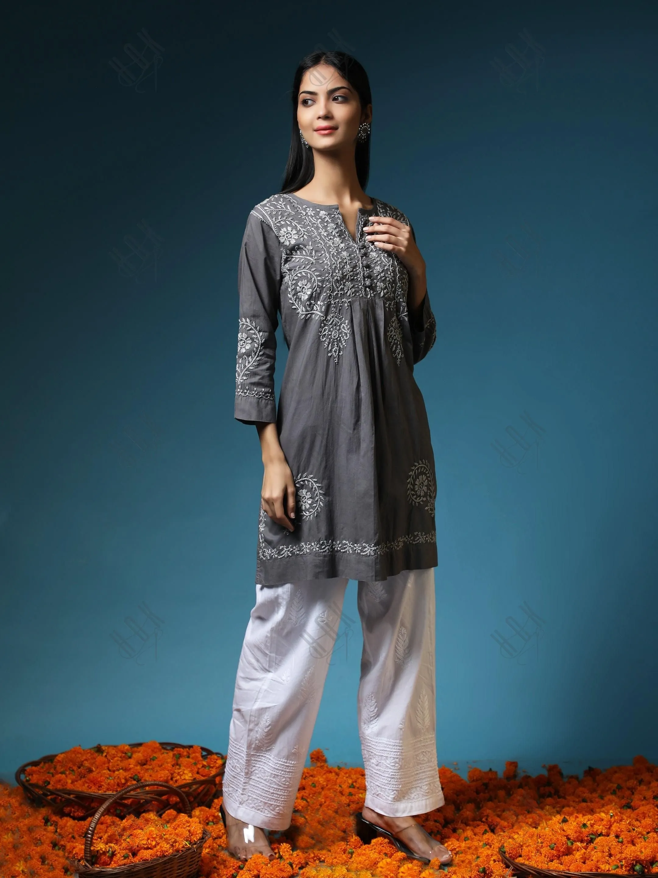 Rijuta in HOK Chikankari Short Tunic for Women -Grey