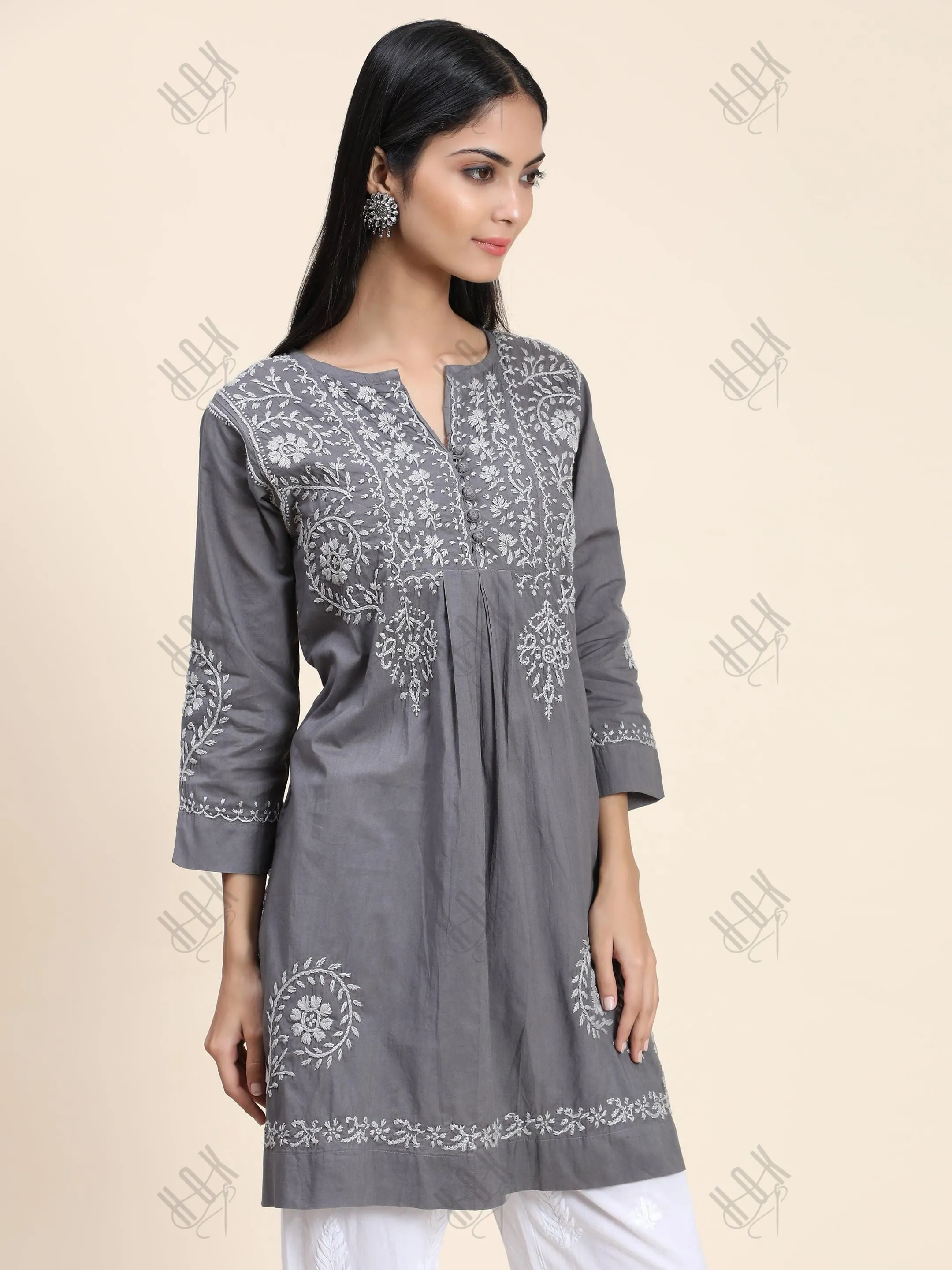 Rijuta in HOK Chikankari Short Tunic for Women -Grey