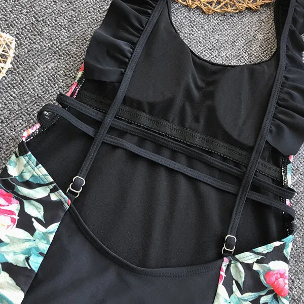 Ruffle Multi Strap Open Back Floral One Piece Rylee