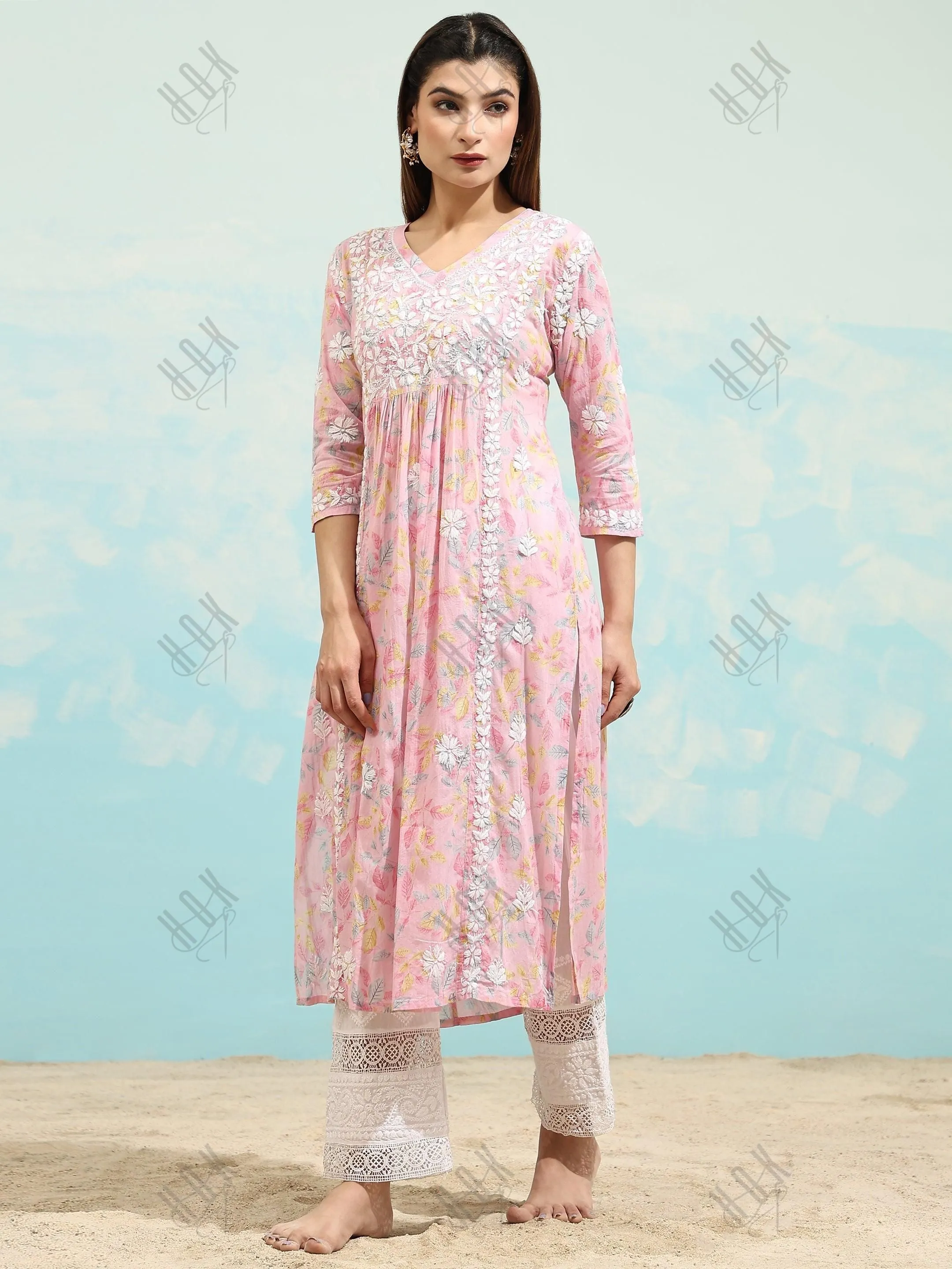 Samma Chikankari Long Kurta in Mul Cotton for Women- Baby Pink