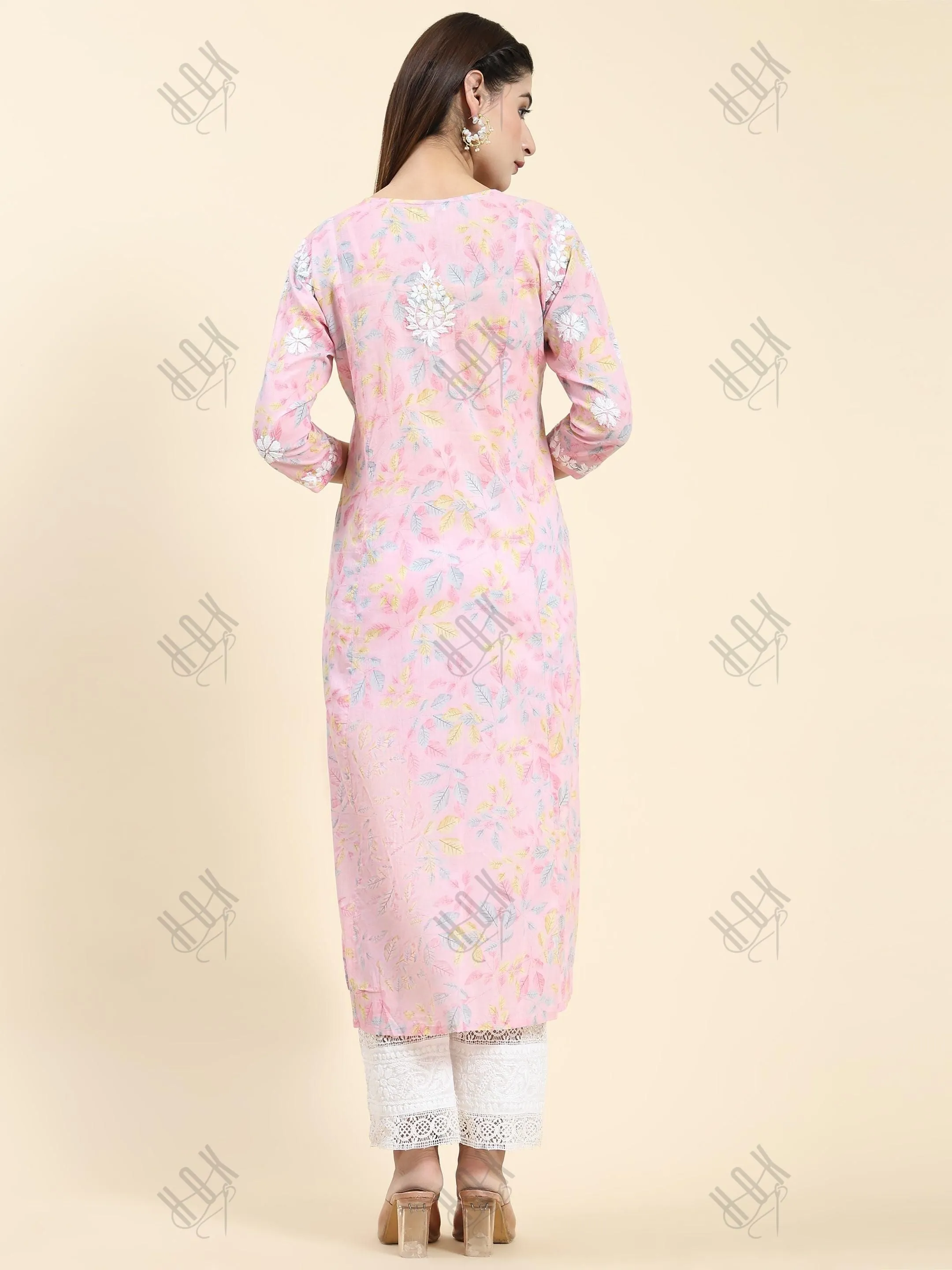 Samma Chikankari Long Kurta in Mul Cotton for Women- Baby Pink
