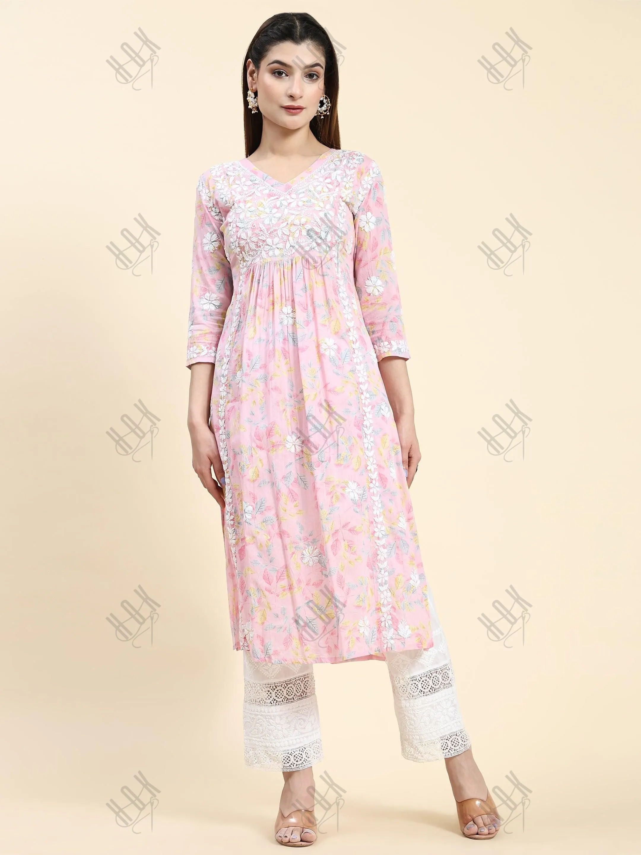 Samma Chikankari Long Kurta in Mul Cotton for Women- Baby Pink