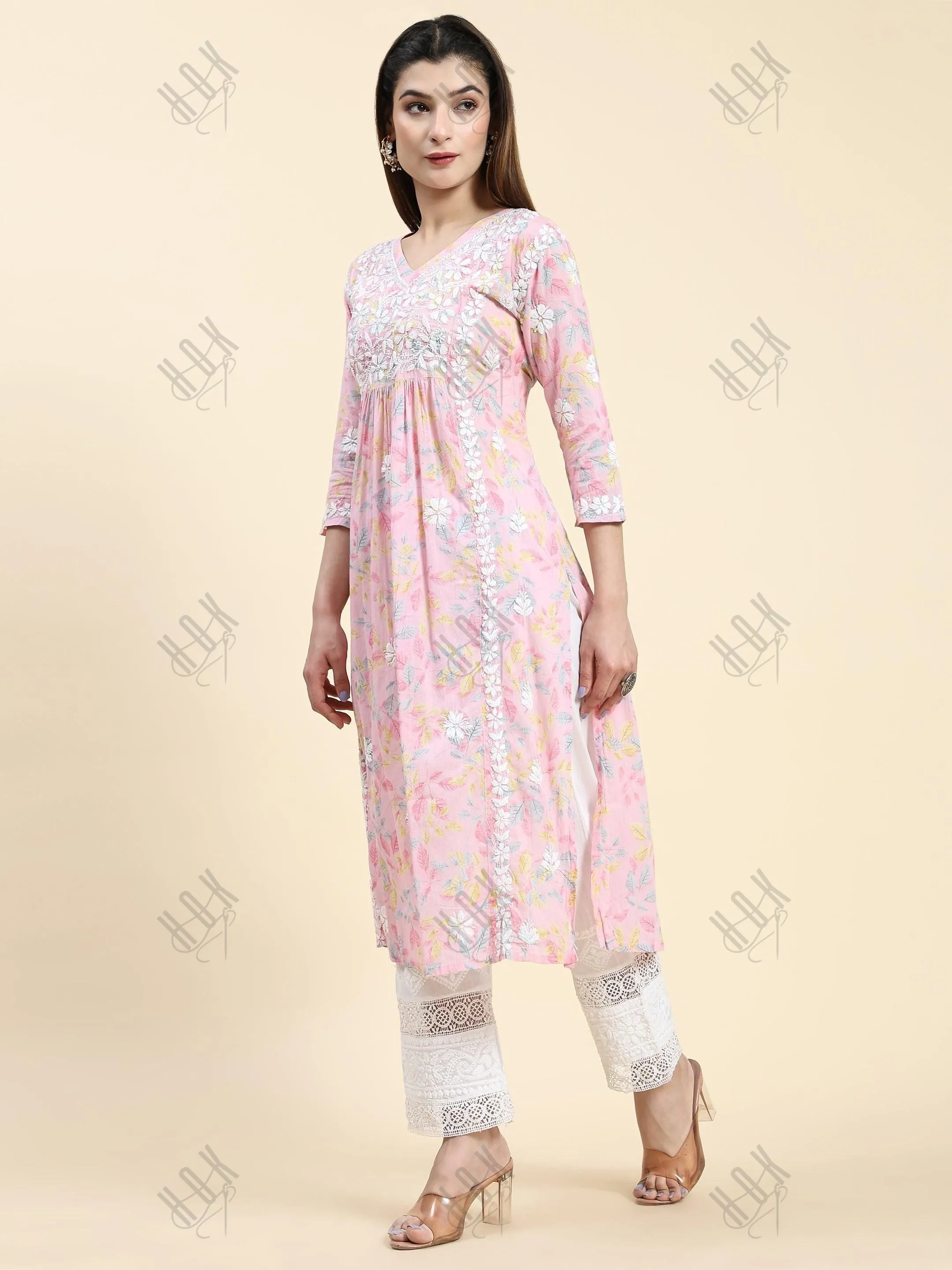 Samma Chikankari Long Kurta in Mul Cotton for Women- Baby Pink