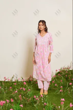 Samma Chikankari Long Kurta in Mul Cotton for Women- Baby Pink