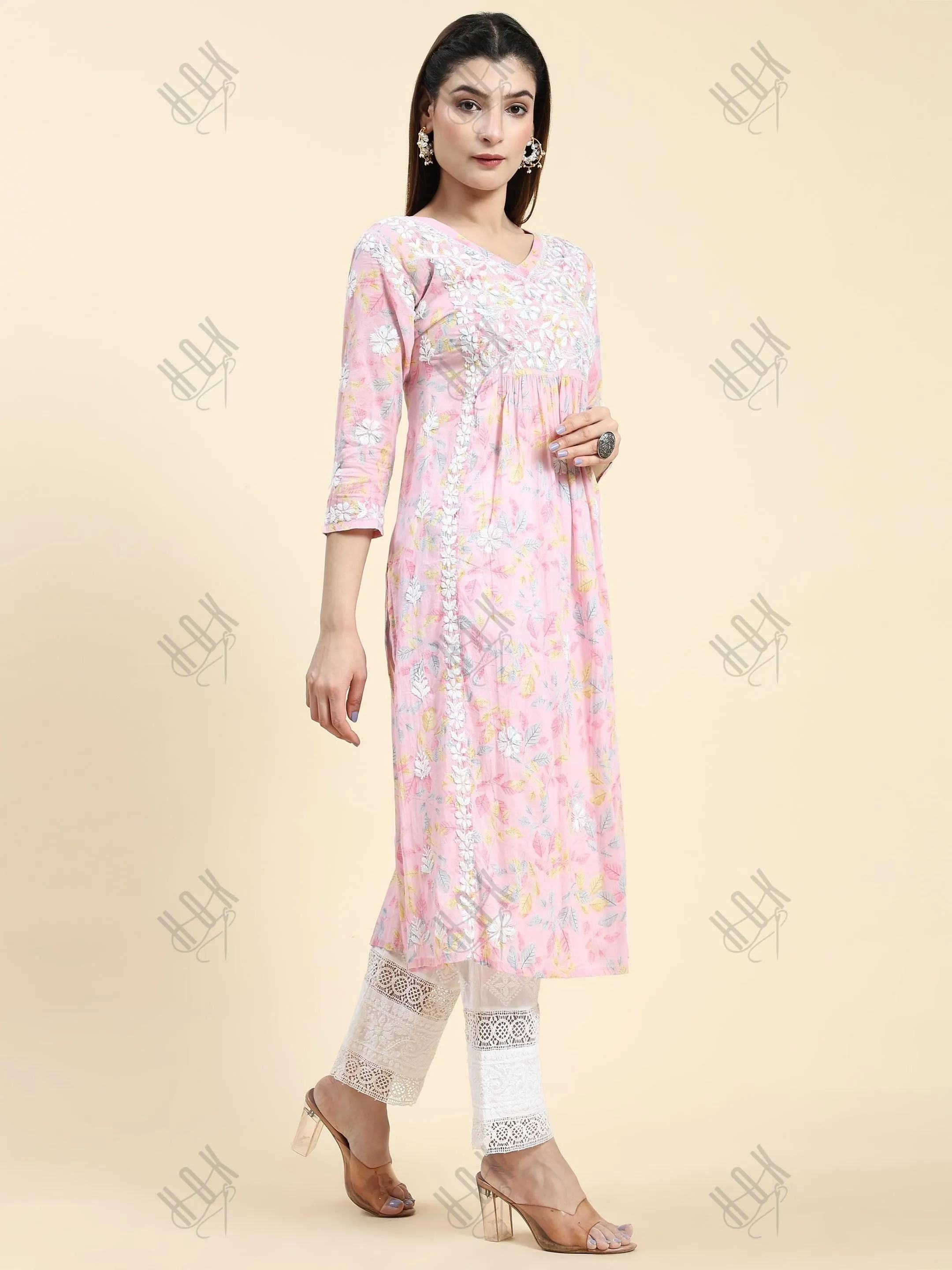 Samma Chikankari Long Kurta in Mul Cotton for Women- Baby Pink