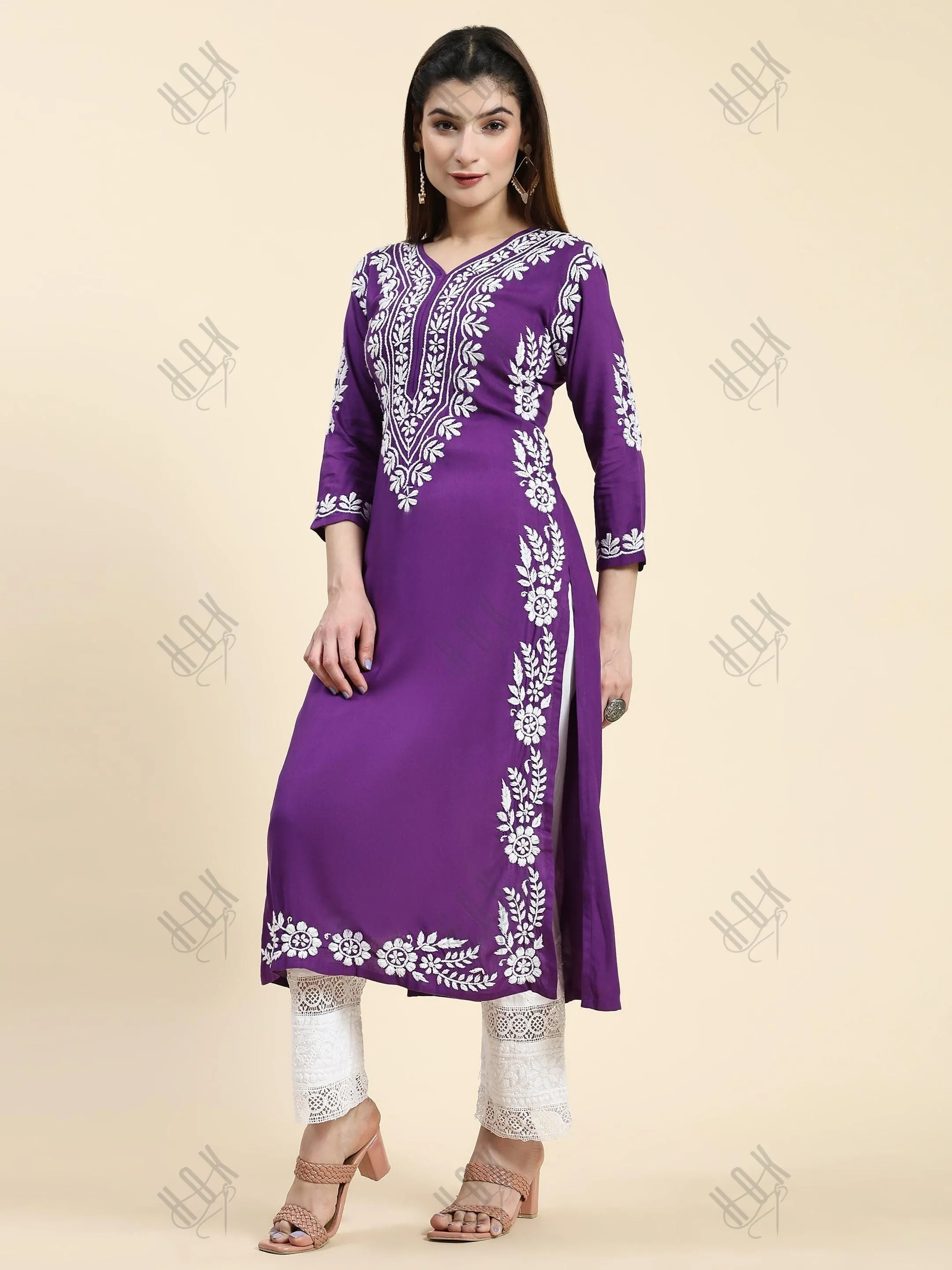 Samma Chikankari Long Kurta in Rayon Cotton for Women- Purple