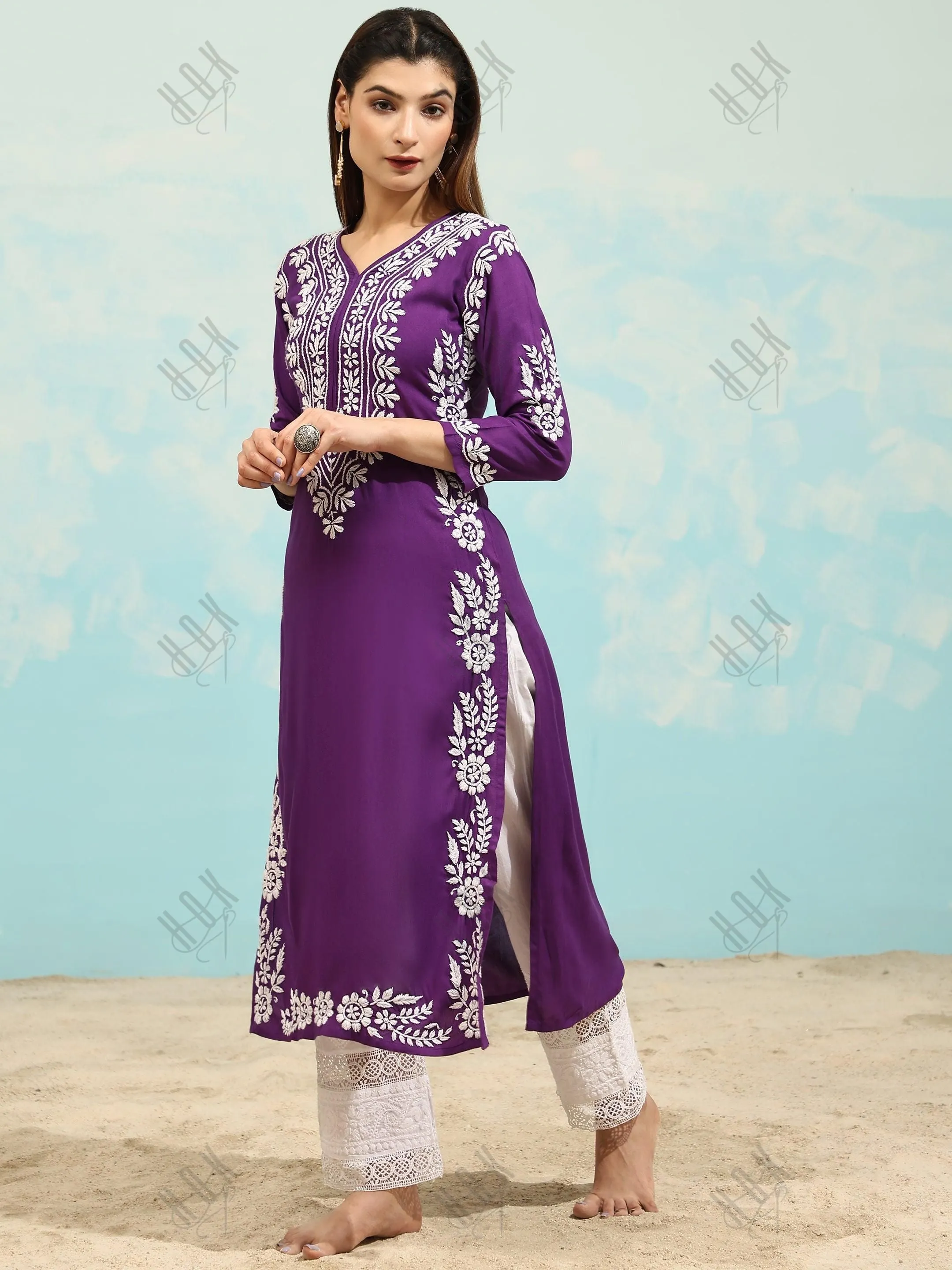 Samma Chikankari Long Kurta in Rayon Cotton for Women- Purple