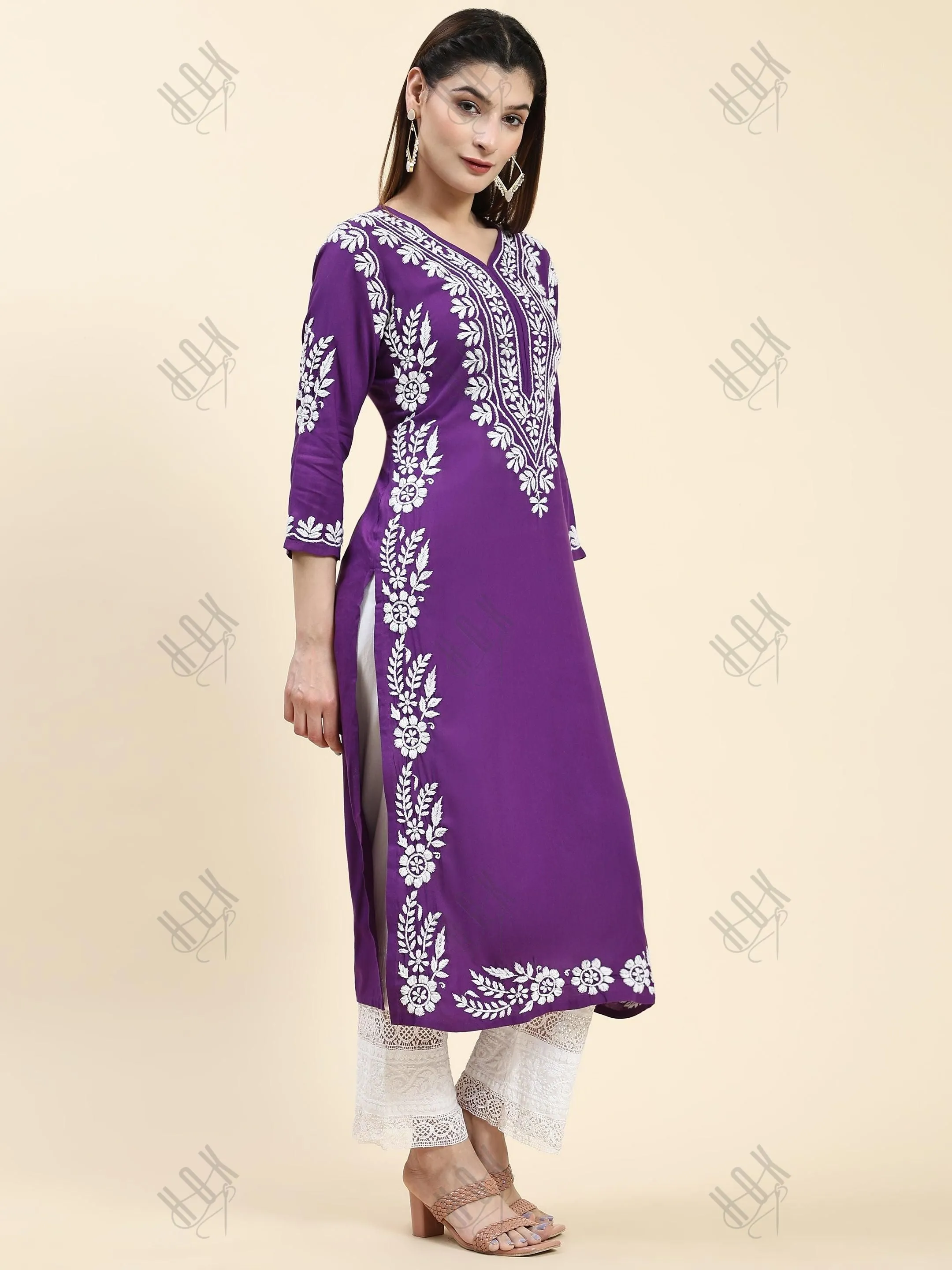 Samma Chikankari Long Kurta in Rayon Cotton for Women- Purple