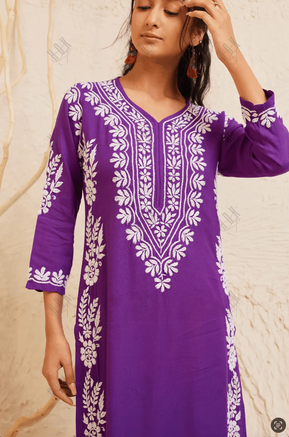 Samma Chikankari Long Kurta in Rayon Cotton for Women- Purple