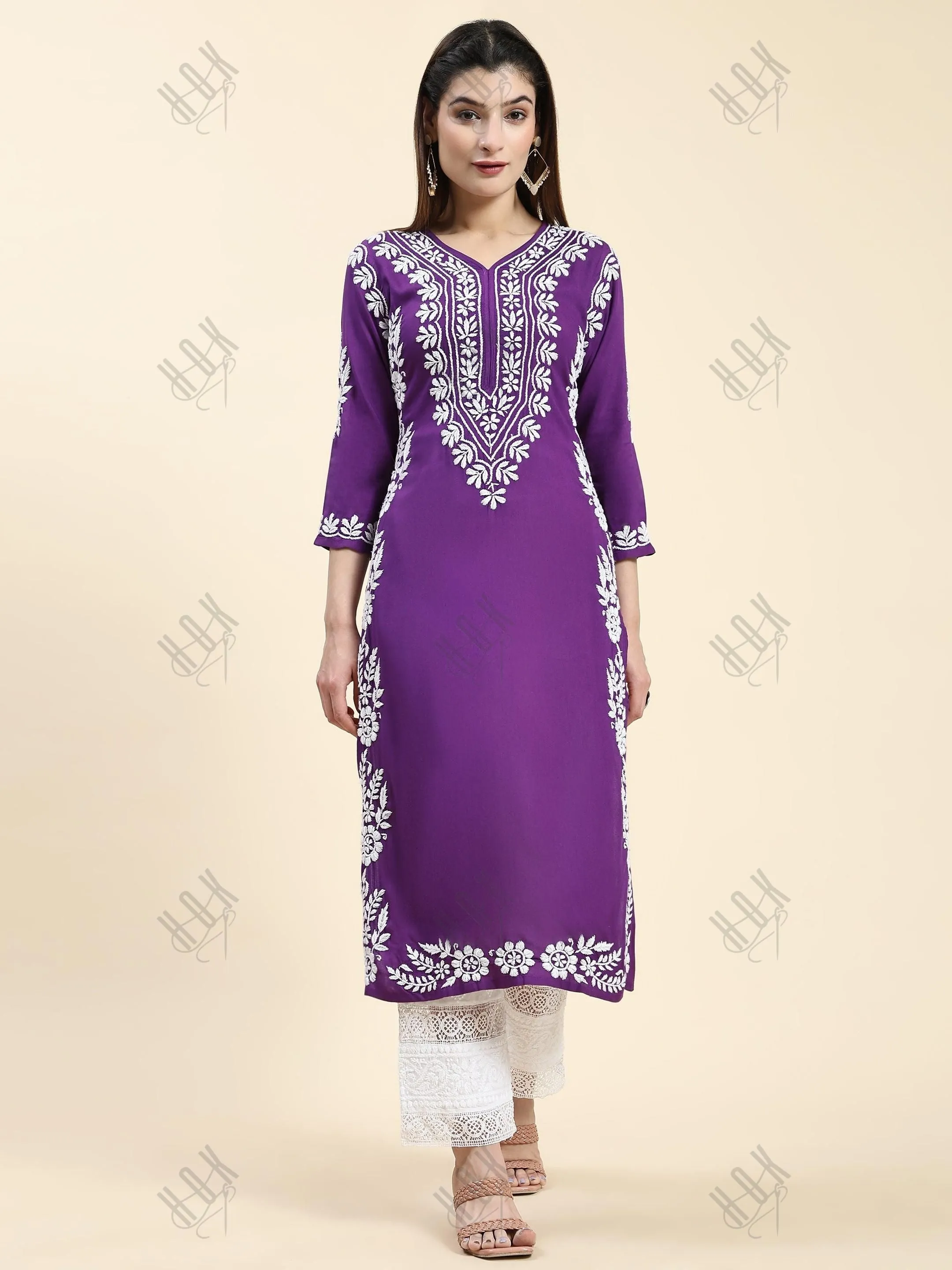Samma Chikankari Long Kurta in Rayon Cotton for Women- Purple