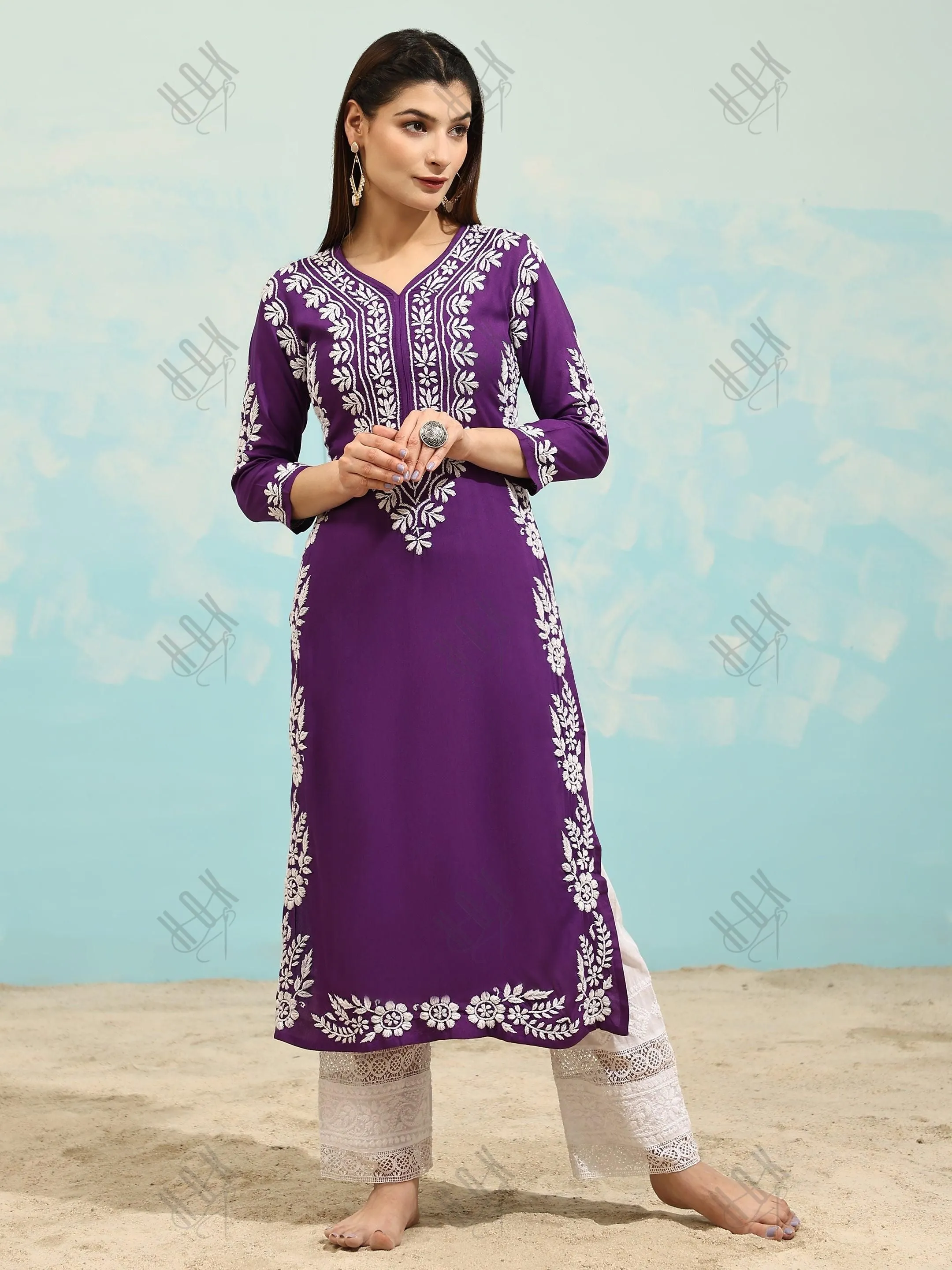 Samma Chikankari Long Kurta in Rayon Cotton for Women- Purple