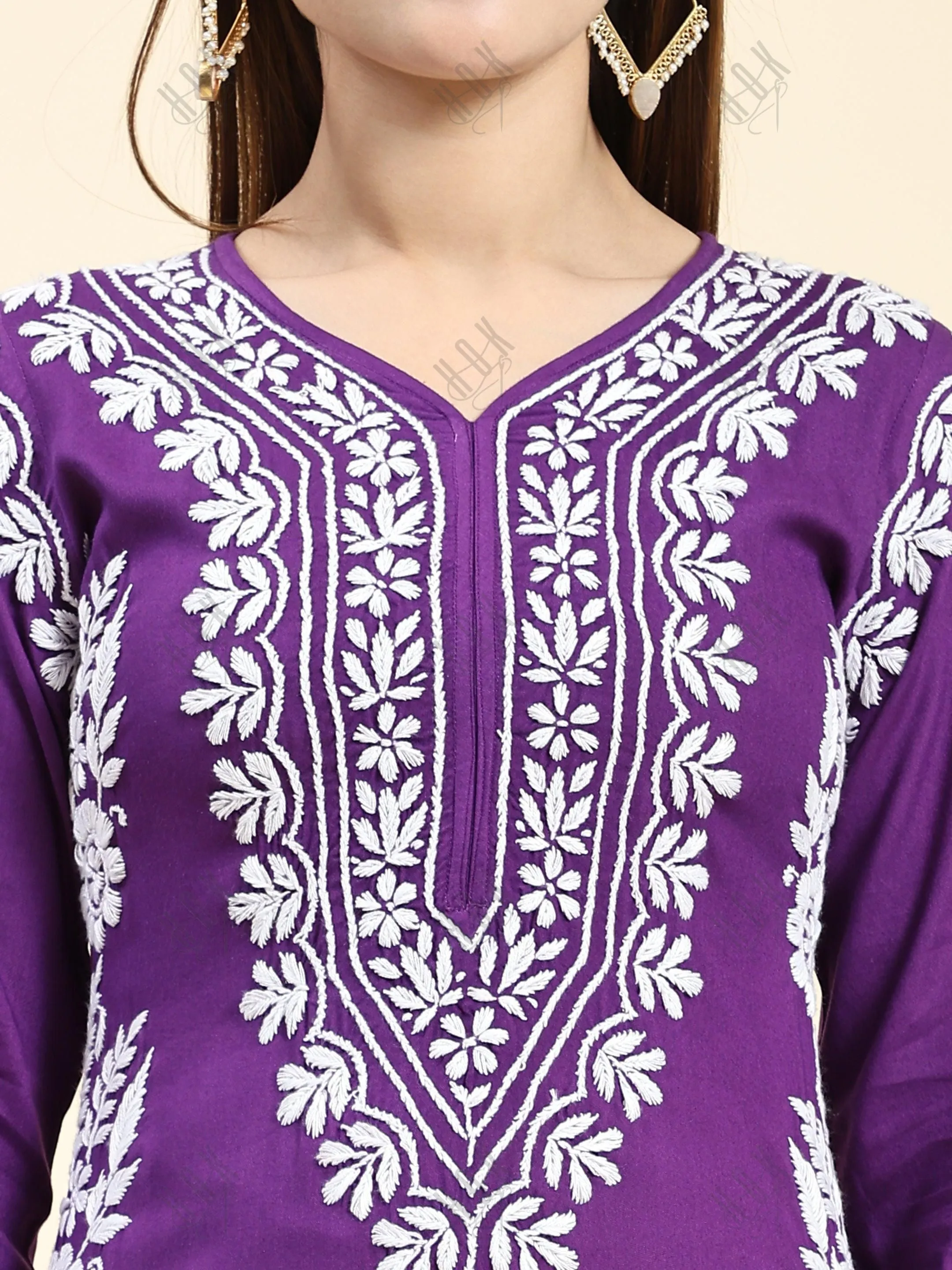 Samma Chikankari Long Kurta in Rayon Cotton for Women- Purple