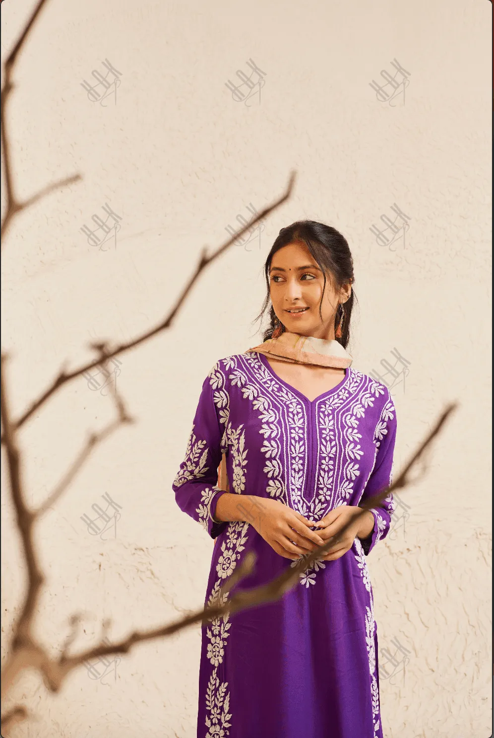 Samma Chikankari Long Kurta in Rayon Cotton for Women- Purple
