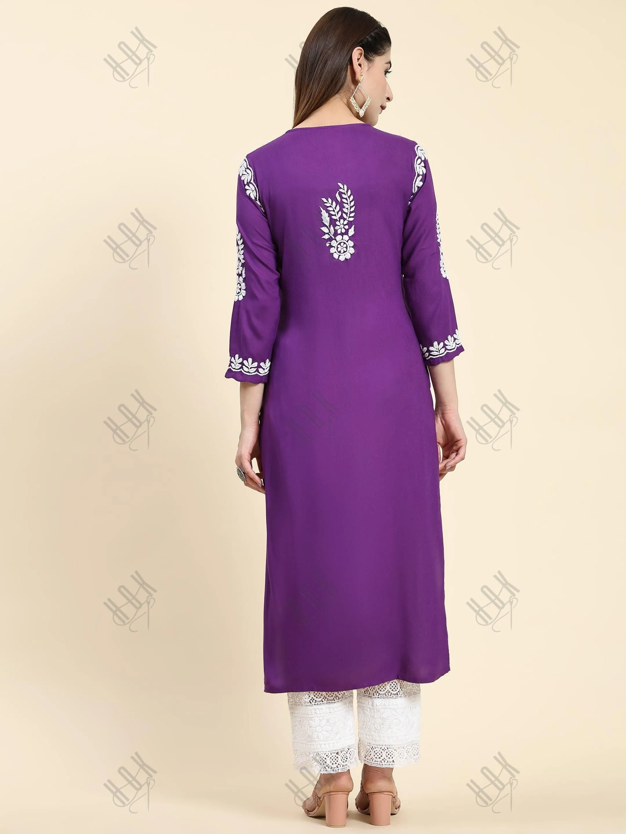 Samma Chikankari Long Kurta in Rayon Cotton for Women- Purple