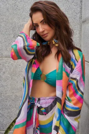 Seema Kiran Sajdeh in our  Optical wave Duster & Shorts