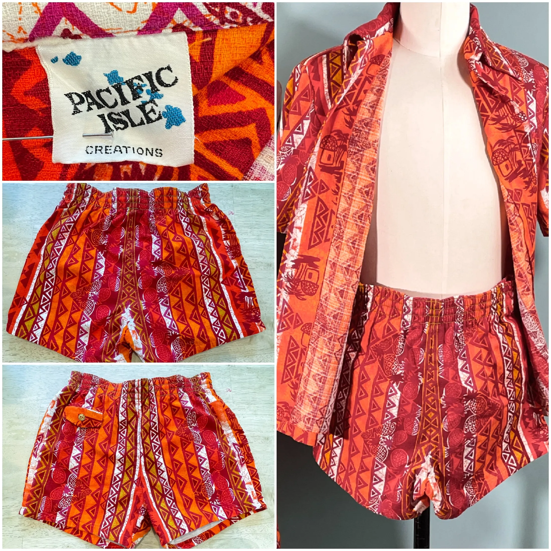 SOLD 70s Hawiian Honeymoon Set, Dress Shirt Shorts/3 Piece Set