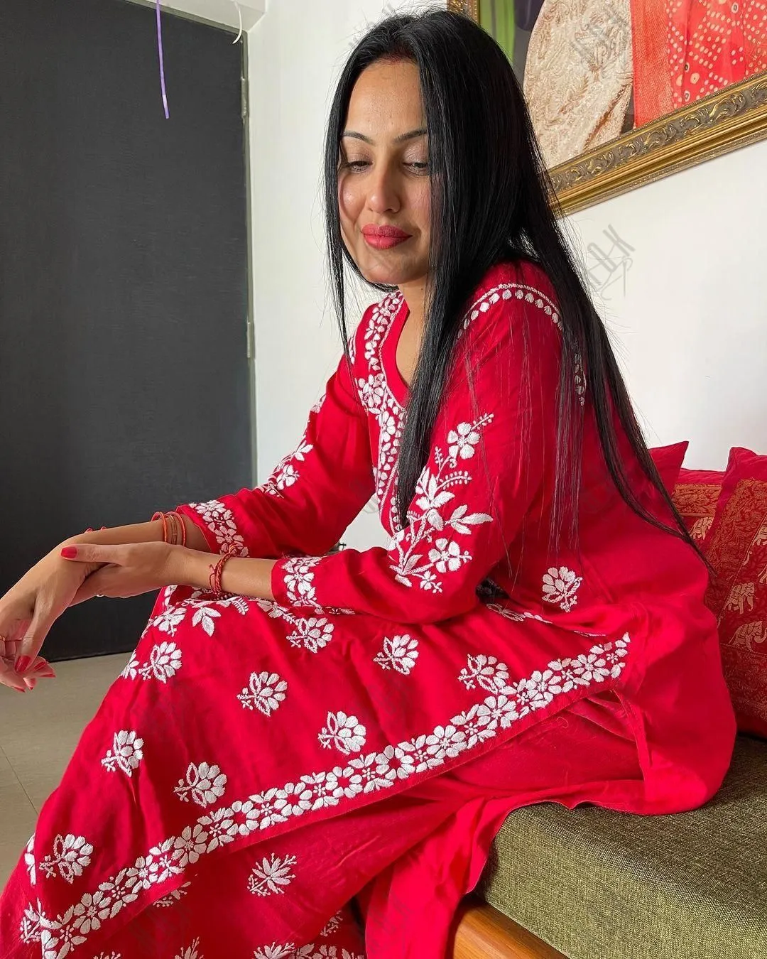 Surili Gautam in Premium Hand Embroidery Chikankari Co-Ord Set Red