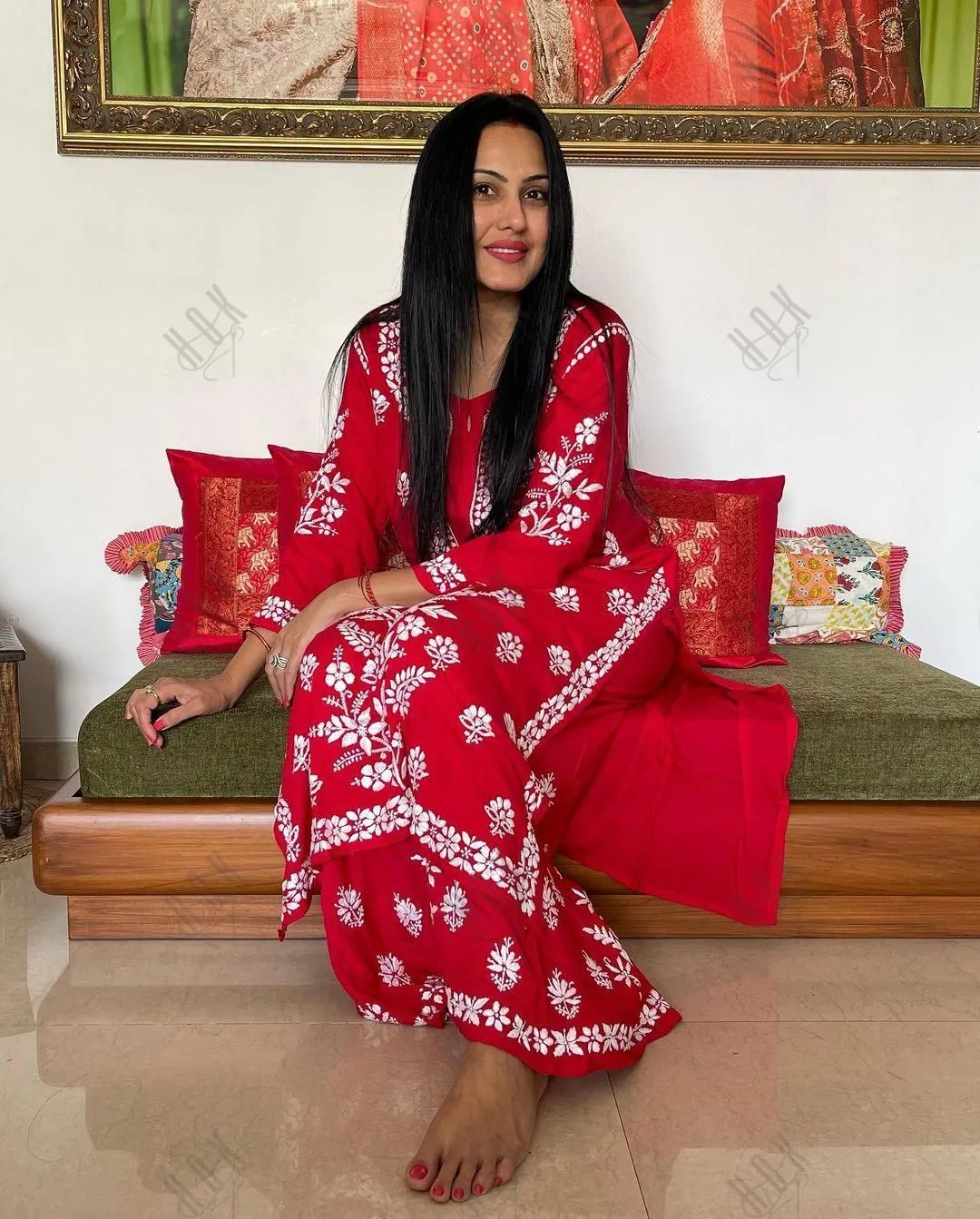 Surili Gautam in Premium Hand Embroidery Chikankari Co-Ord Set Red
