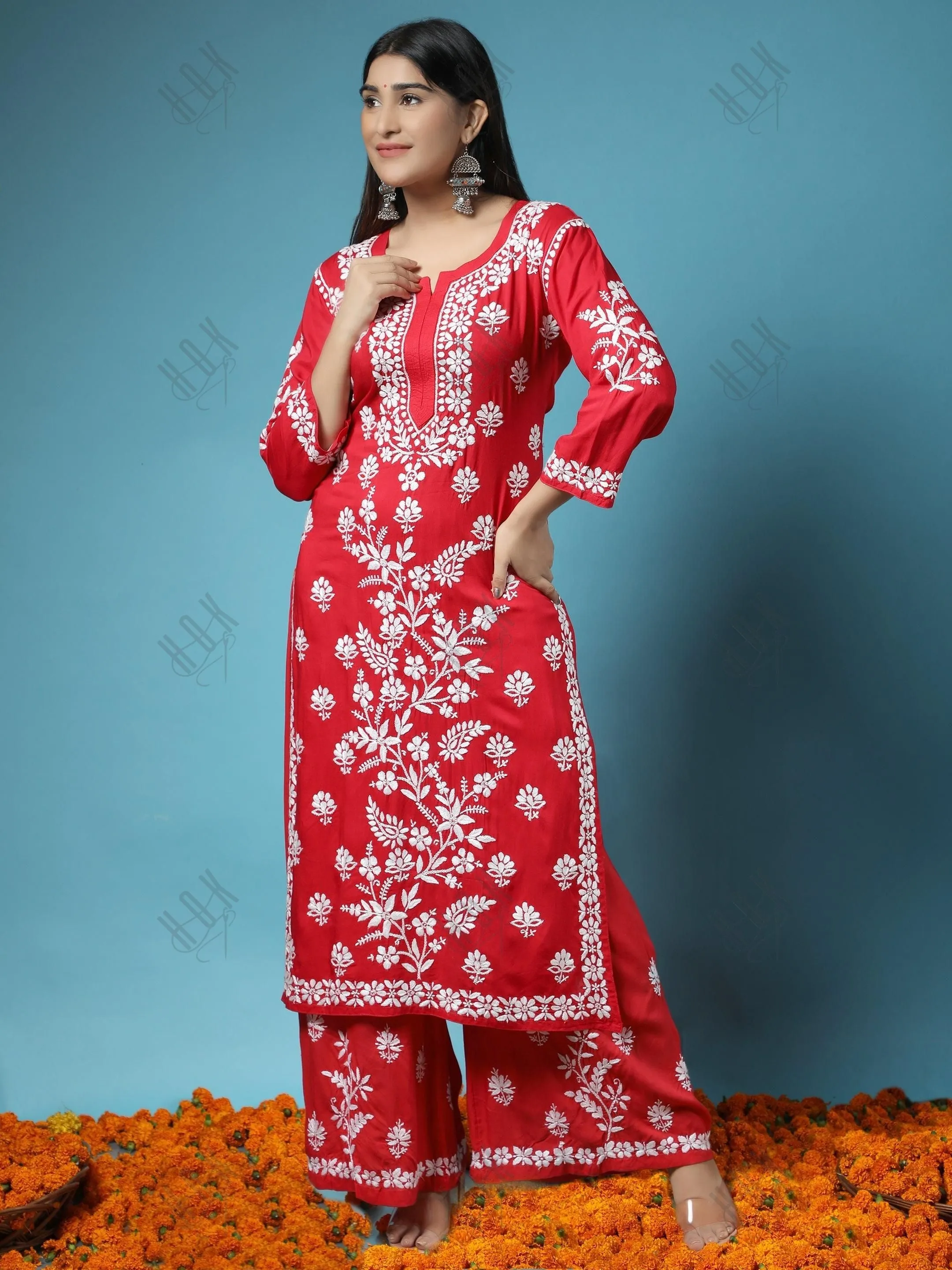 Surili Gautam in Premium Hand Embroidery Chikankari Co-Ord Set Red