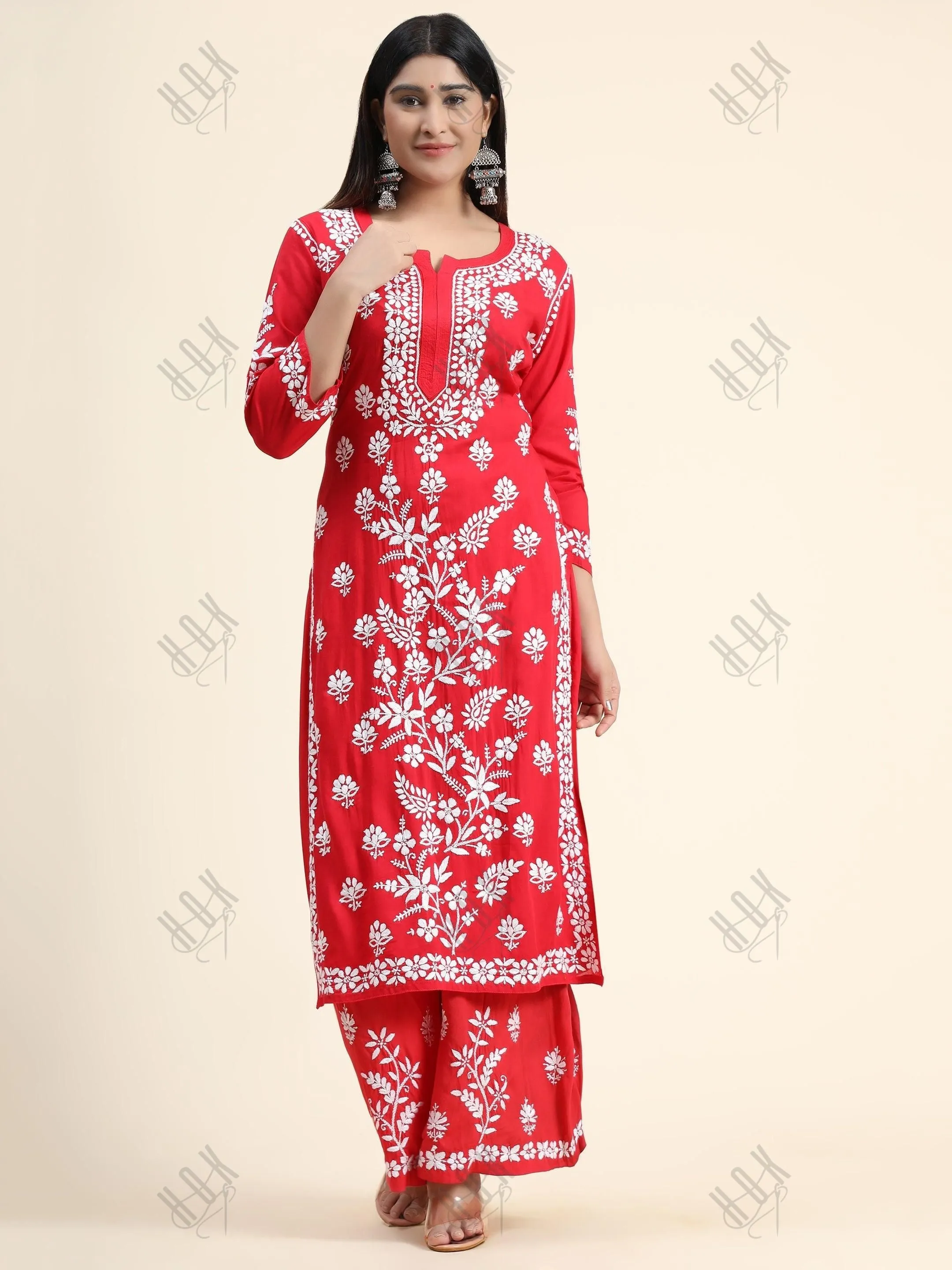 Surili Gautam in Premium Hand Embroidery Chikankari Co-Ord Set Red