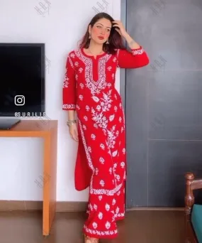 Surili Gautam in Premium Hand Embroidery Chikankari Co-Ord Set Red
