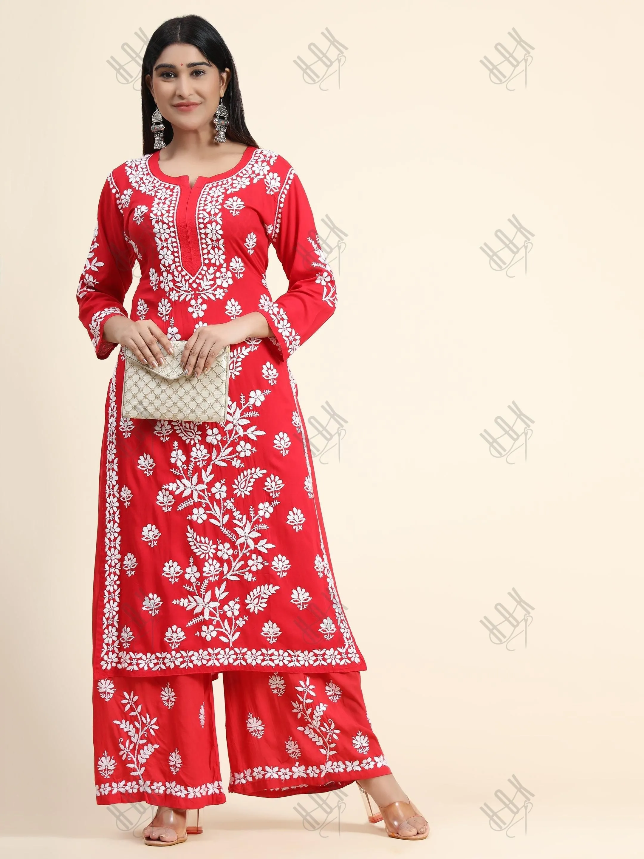 Surili Gautam in Premium Hand Embroidery Chikankari Co-Ord Set Red