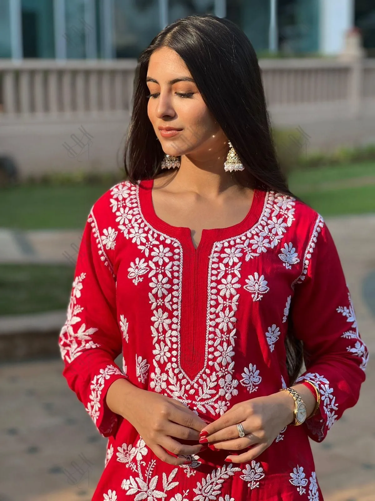 Surili Gautam in Premium Hand Embroidery Chikankari Co-Ord Set Red