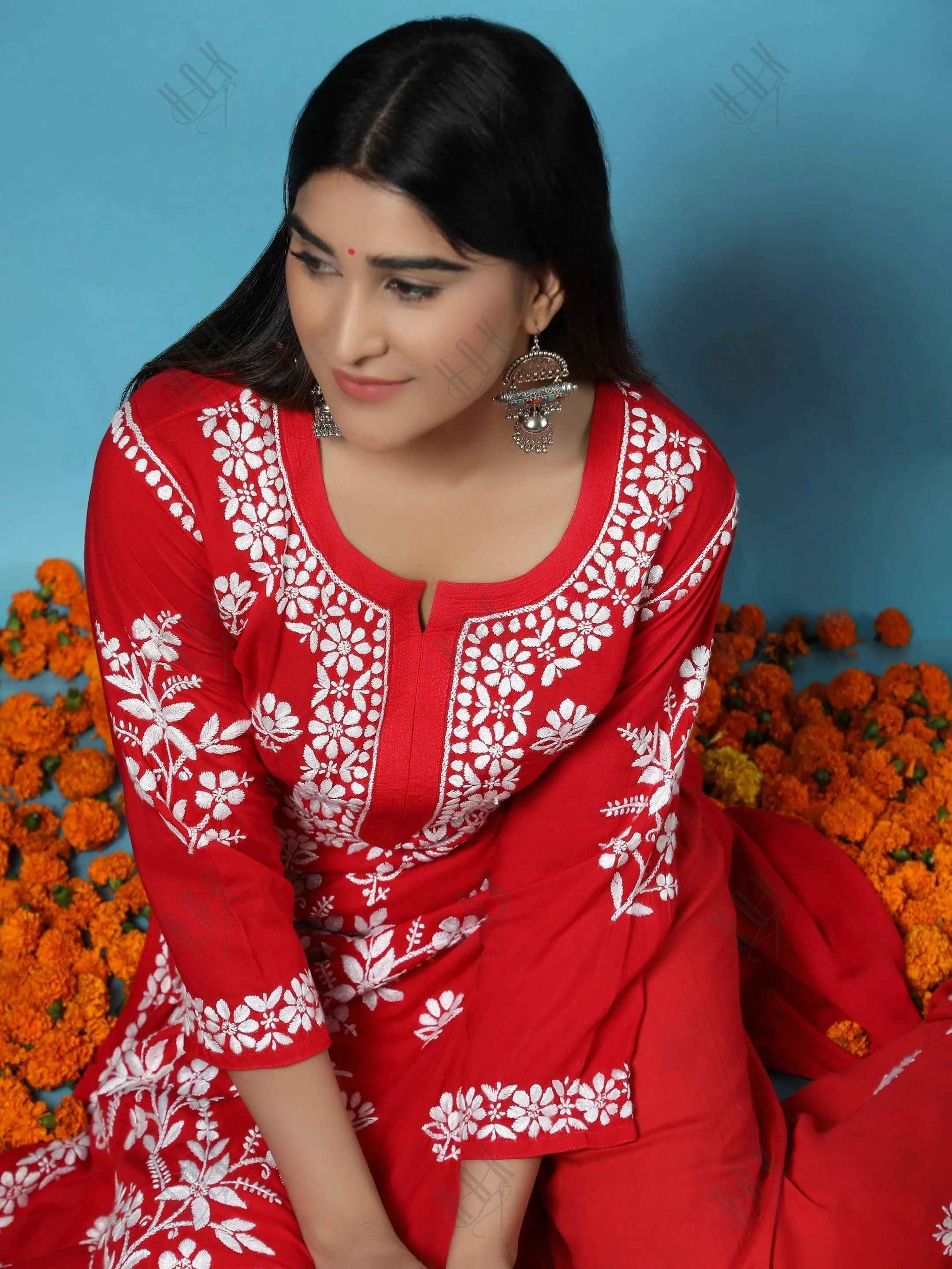 Surili Gautam in Premium Hand Embroidery Chikankari Co-Ord Set Red