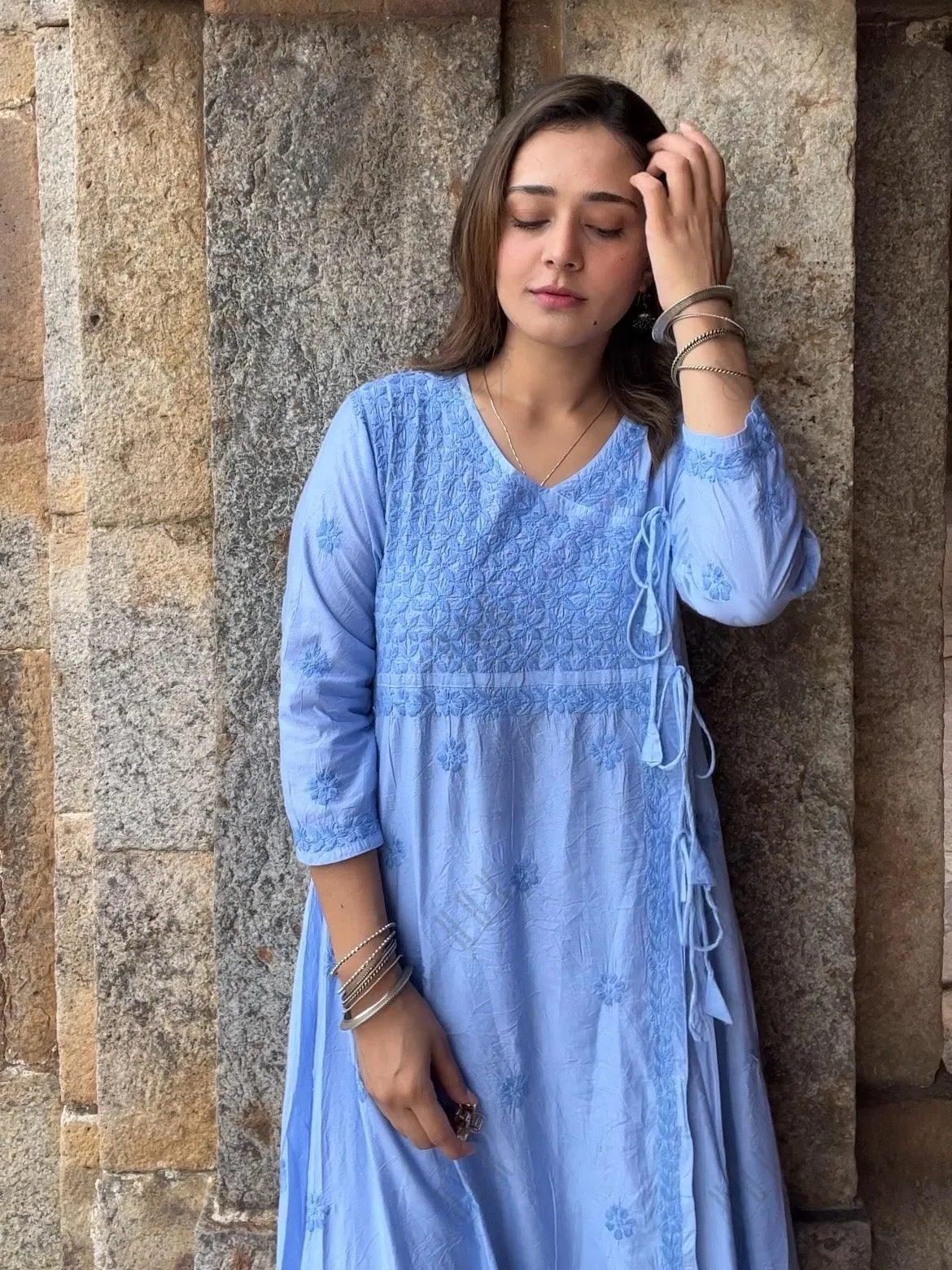 Vani in HOK Chikankari Angrakha Long Kurta  in Chanderi Silk for Women - Blue