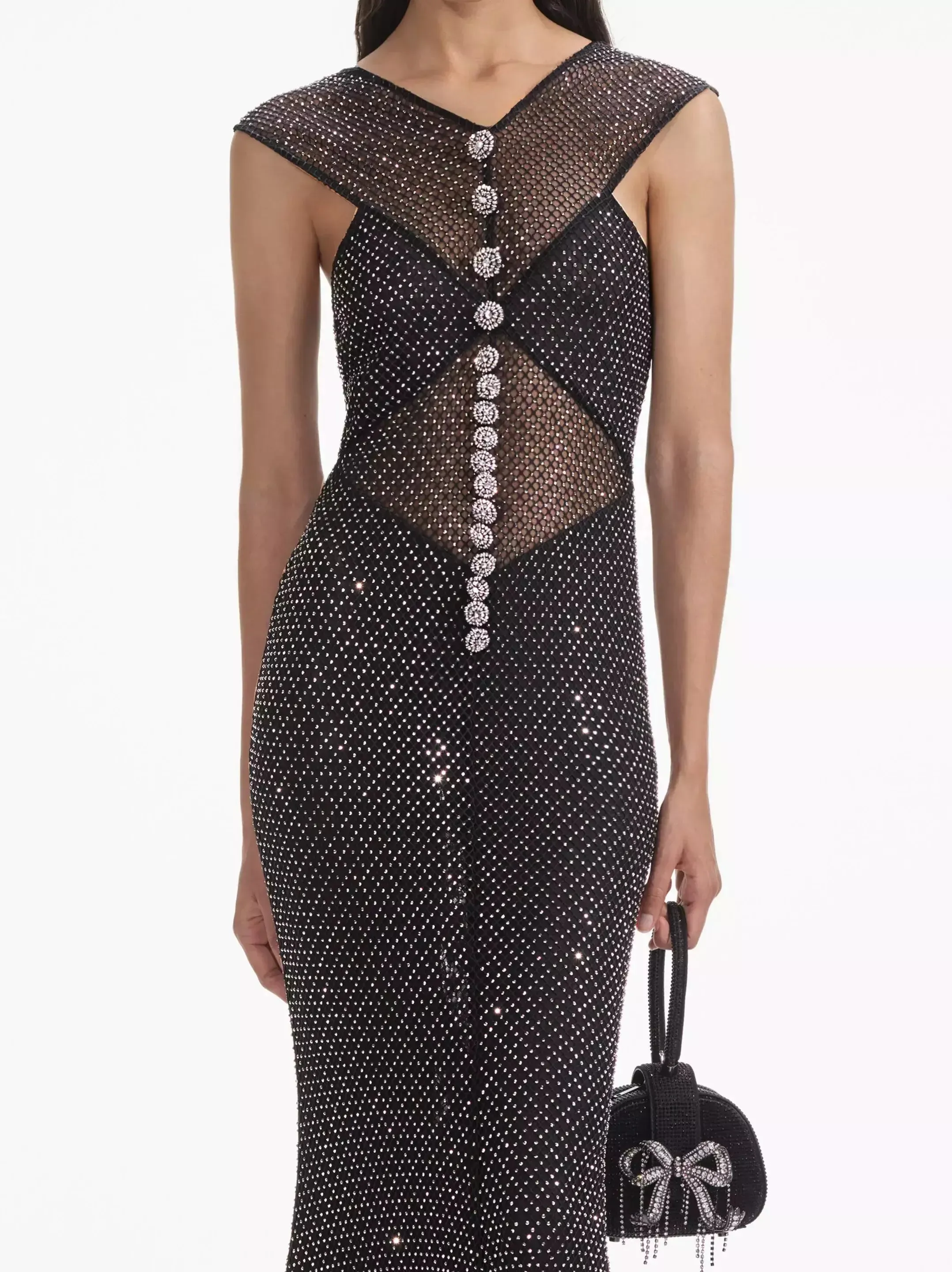 Women’s Black Fishnet Sleeveless Gown with Crystal Embellishments